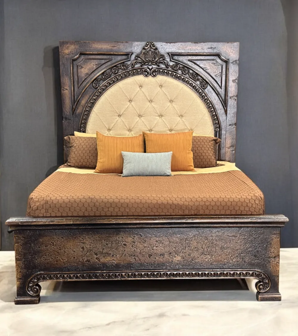Mohena Carved Bed w/ Tufted Linen Headboard bedroom furniture, nightstand