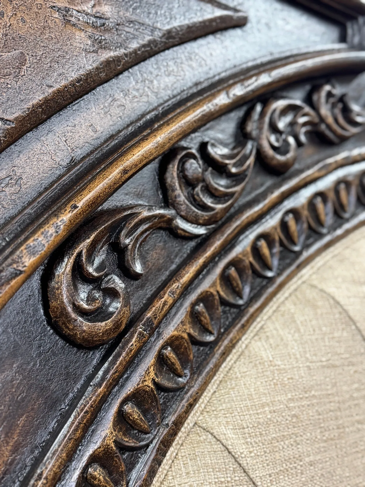 Mohena Carved Bed w/ Tufted Linen Headboard