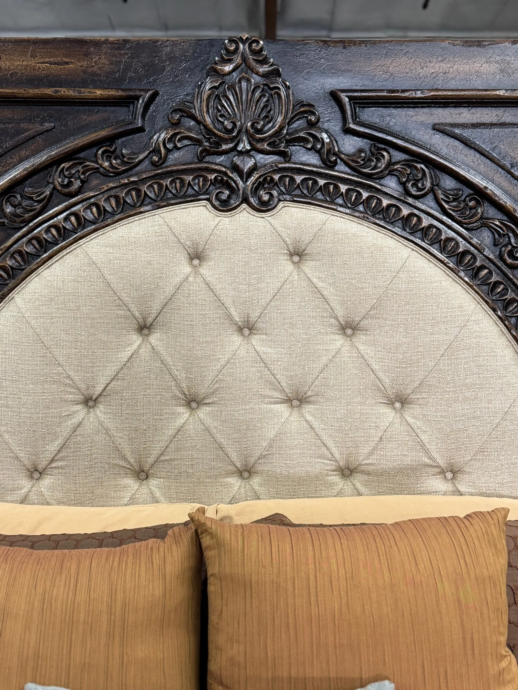 Mohena Carved Bed w/ Tufted Linen Headboard