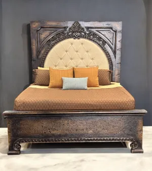Mohena Carved Bed w/ Tufted Linen Headboard bedroom furniture, nightstand