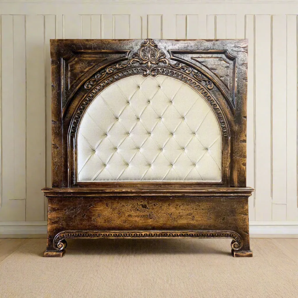 Mohena Carved Bed w/ Tufted Linen Headboard