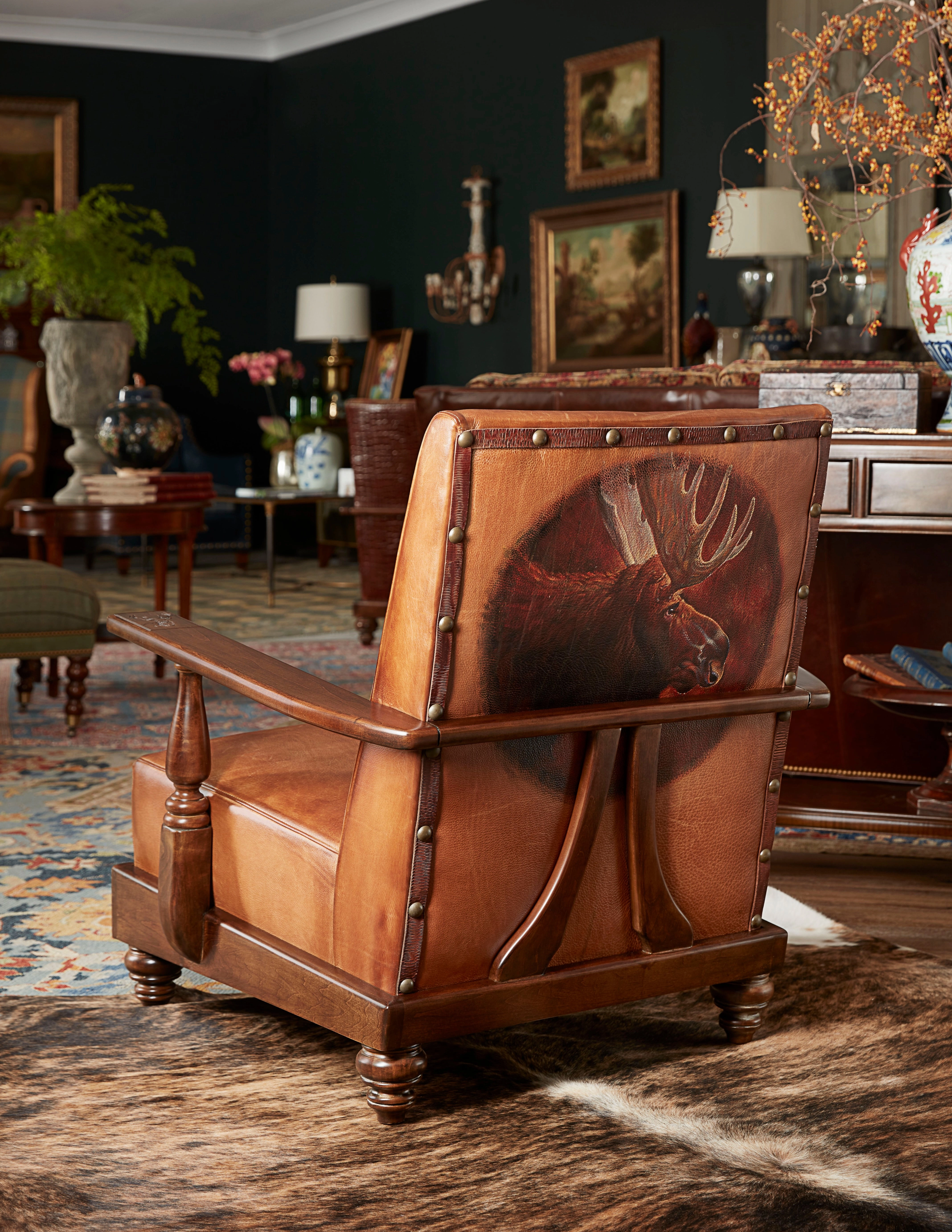 Moose Lodge Hand Painted Leather Chair glassware set, wine glass