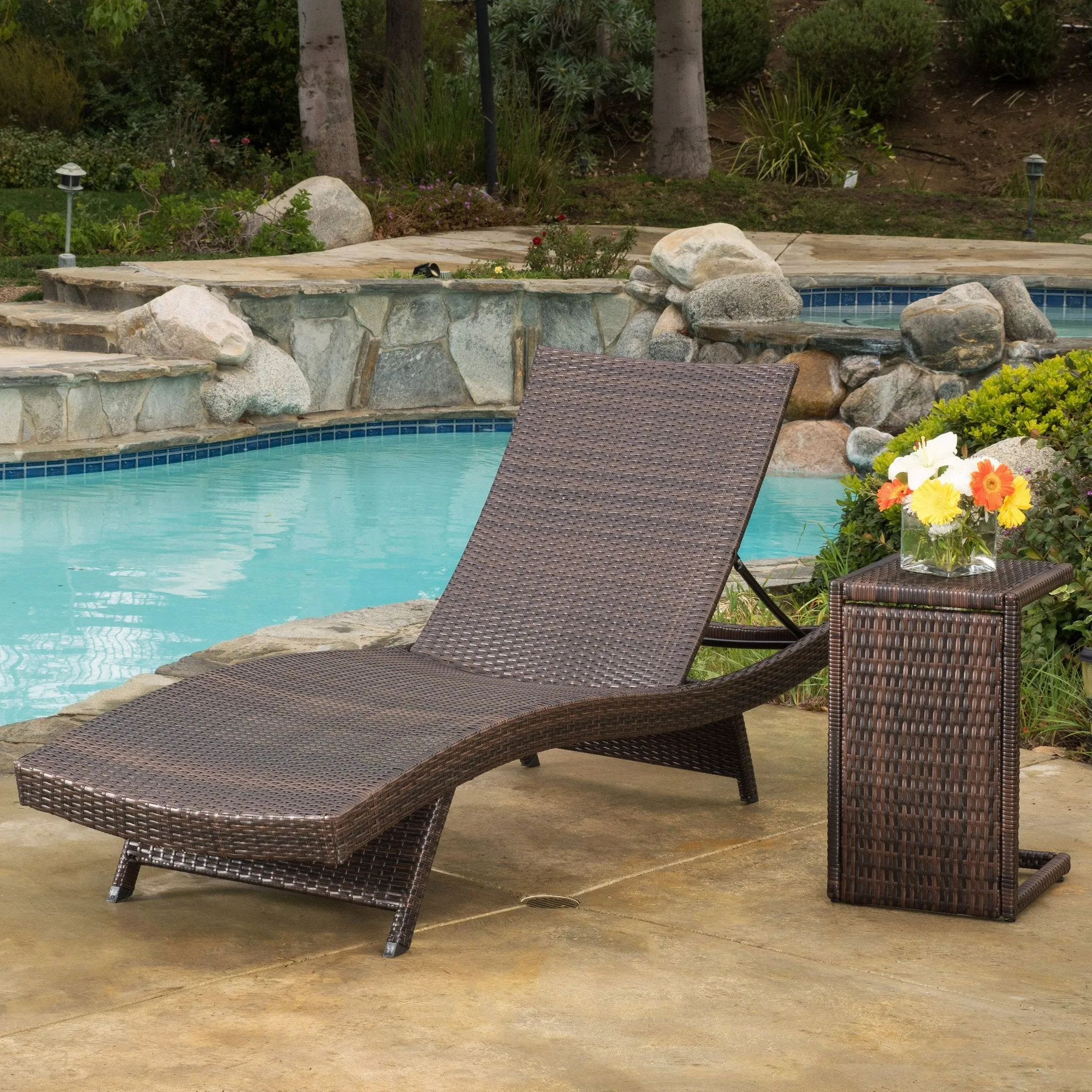 Multi-Brown Wicker Chaise Lounge Set with C-Shaped End Table - NH842792 patio chairs, outdoor seating