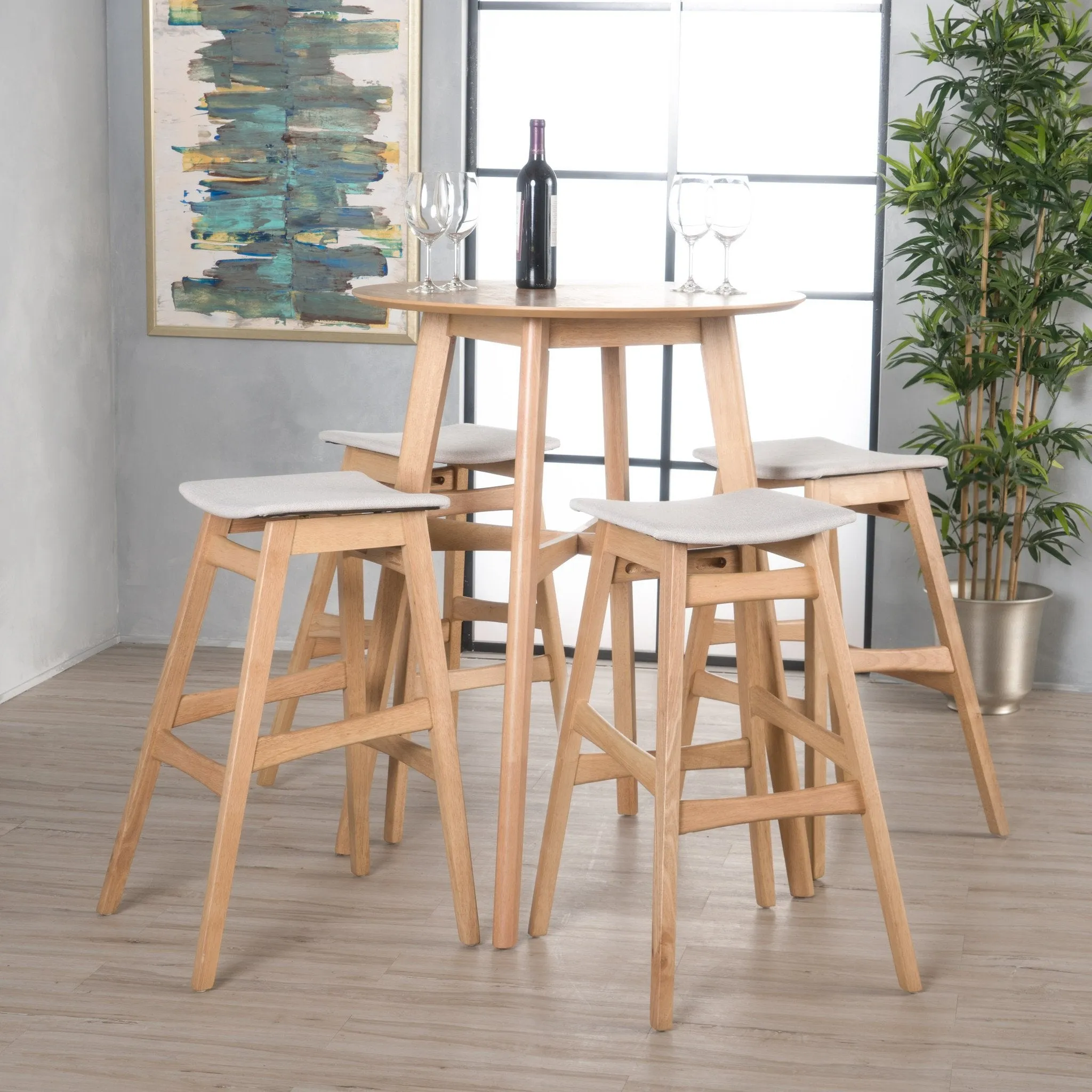 Natural Oak Finish Circular 5 Piece Bar Height Dining Set - NH172992