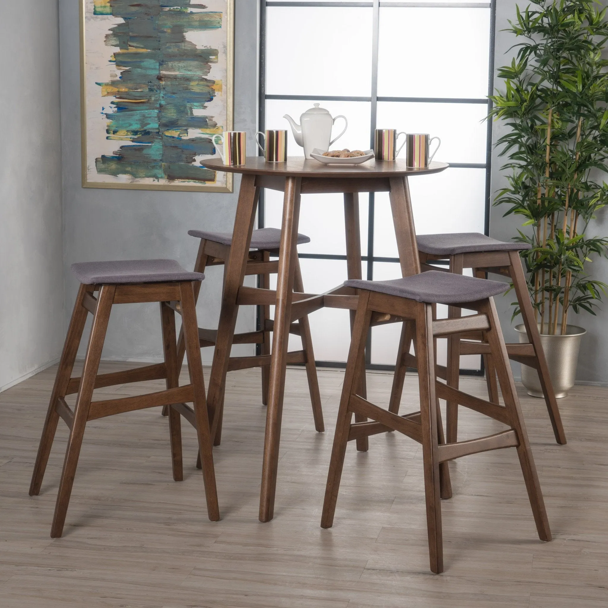 Natural Walnut Finish Circular 5 Piece Bar Height Dining Set - NH862992 dining table set, round dining table