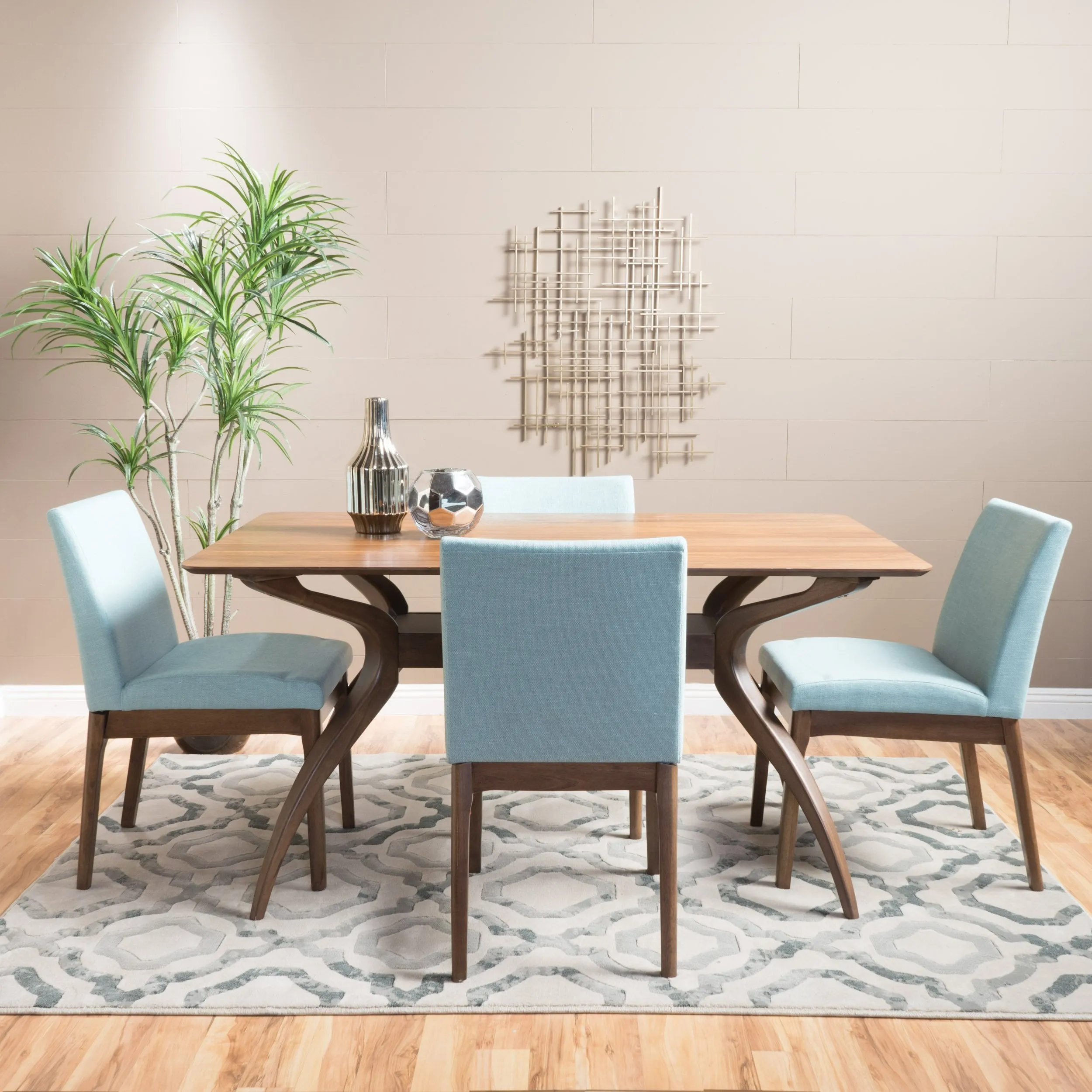 Natural Wood Finish Curved Leg Rectangular 5 Piece Dining Set - NH013992 dining table set, round dining table