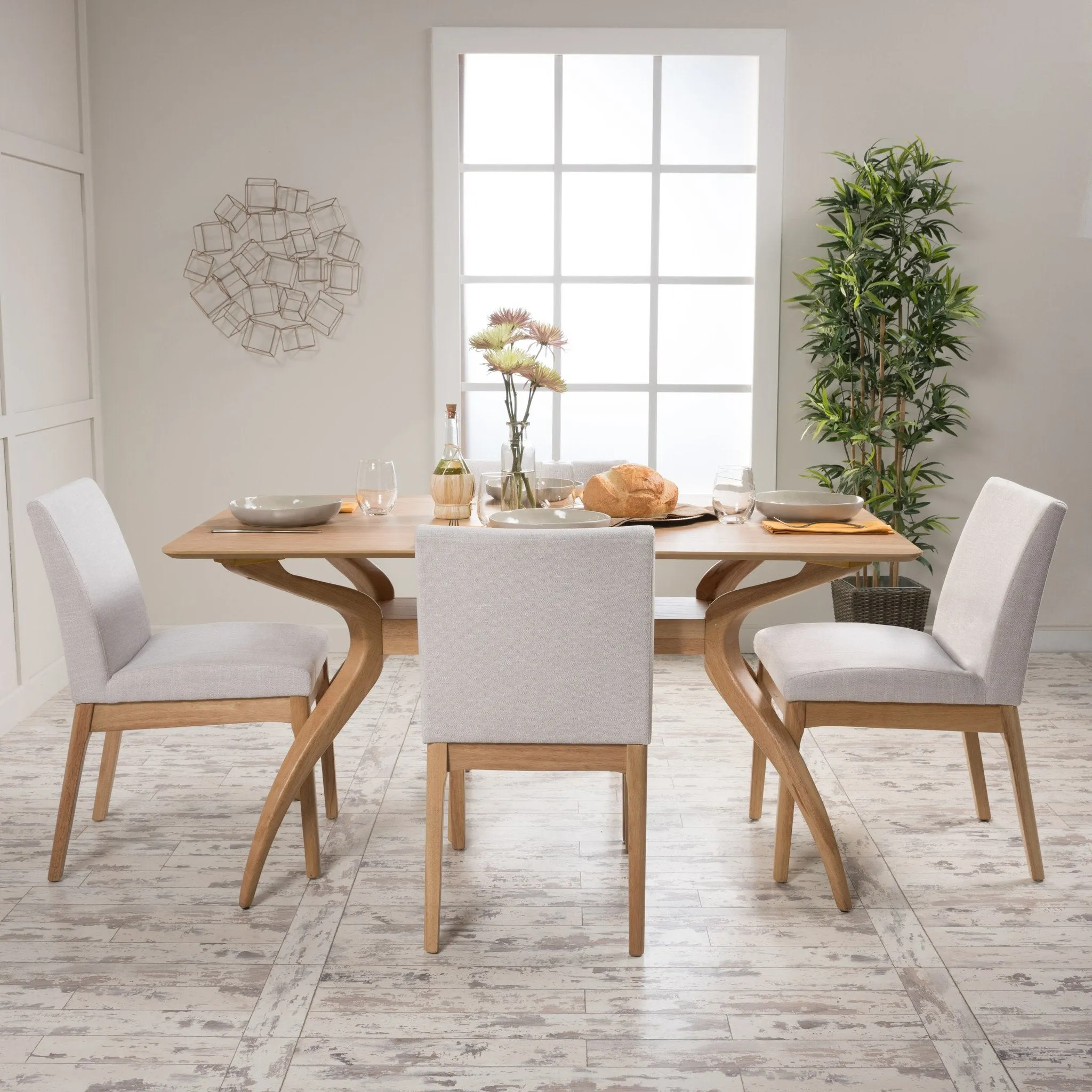 Natural Wood Finish Curved Leg Rectangular 5 Piece Dining Set - NH013992