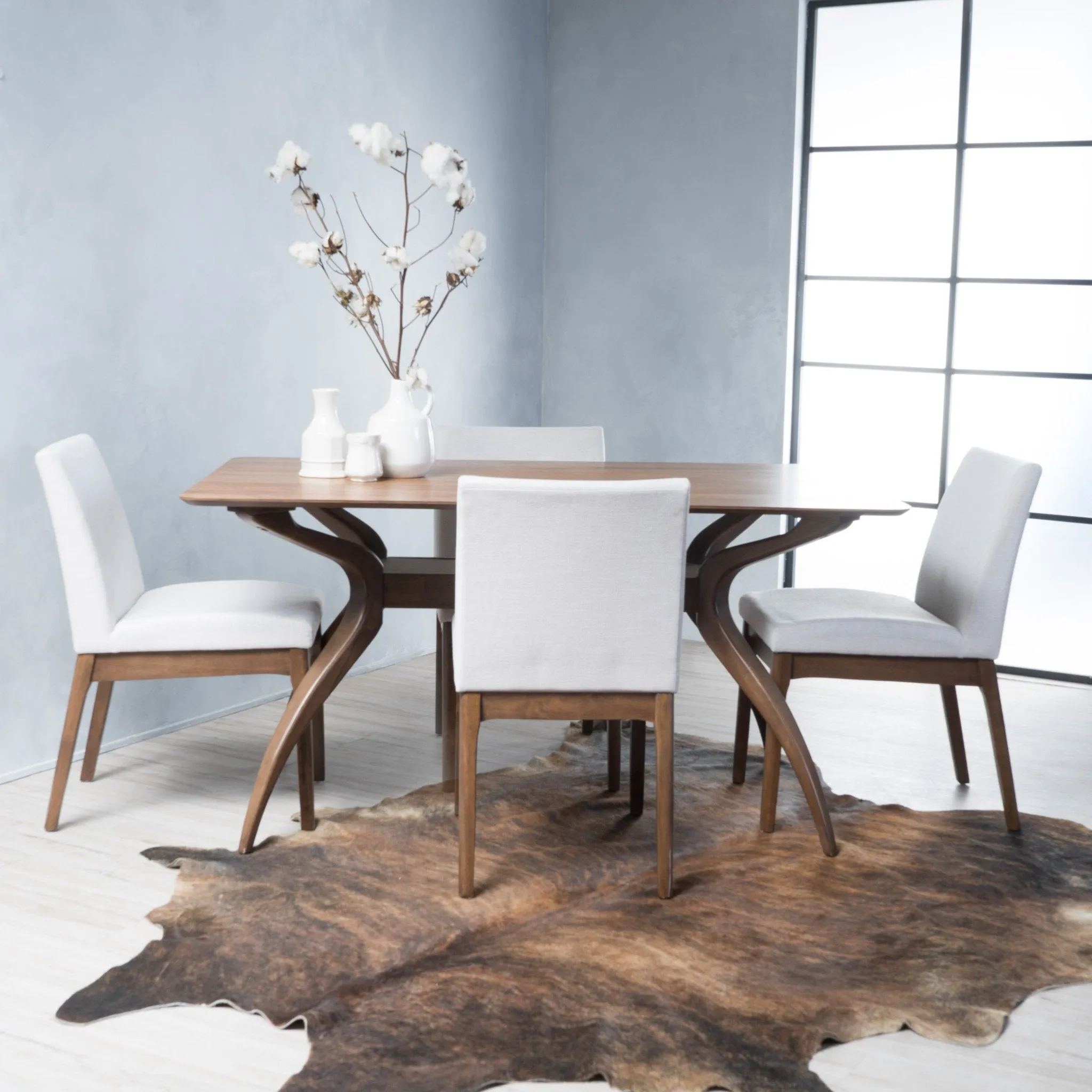 Natural Wood Finish Curved Leg Rectangular 5 Piece Dining Set - NH013992