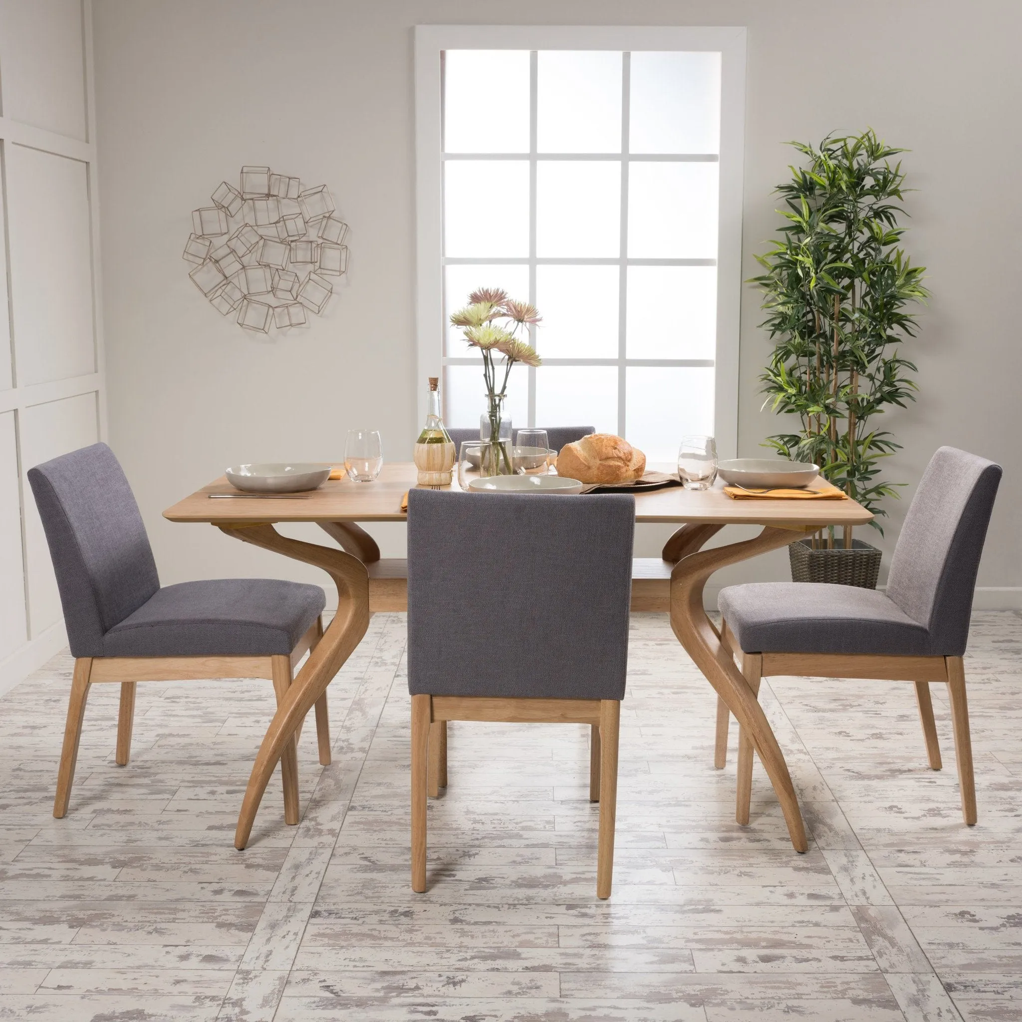 Natural Wood Finish Curved Leg Rectangular 5 Piece Dining Set - NH013992