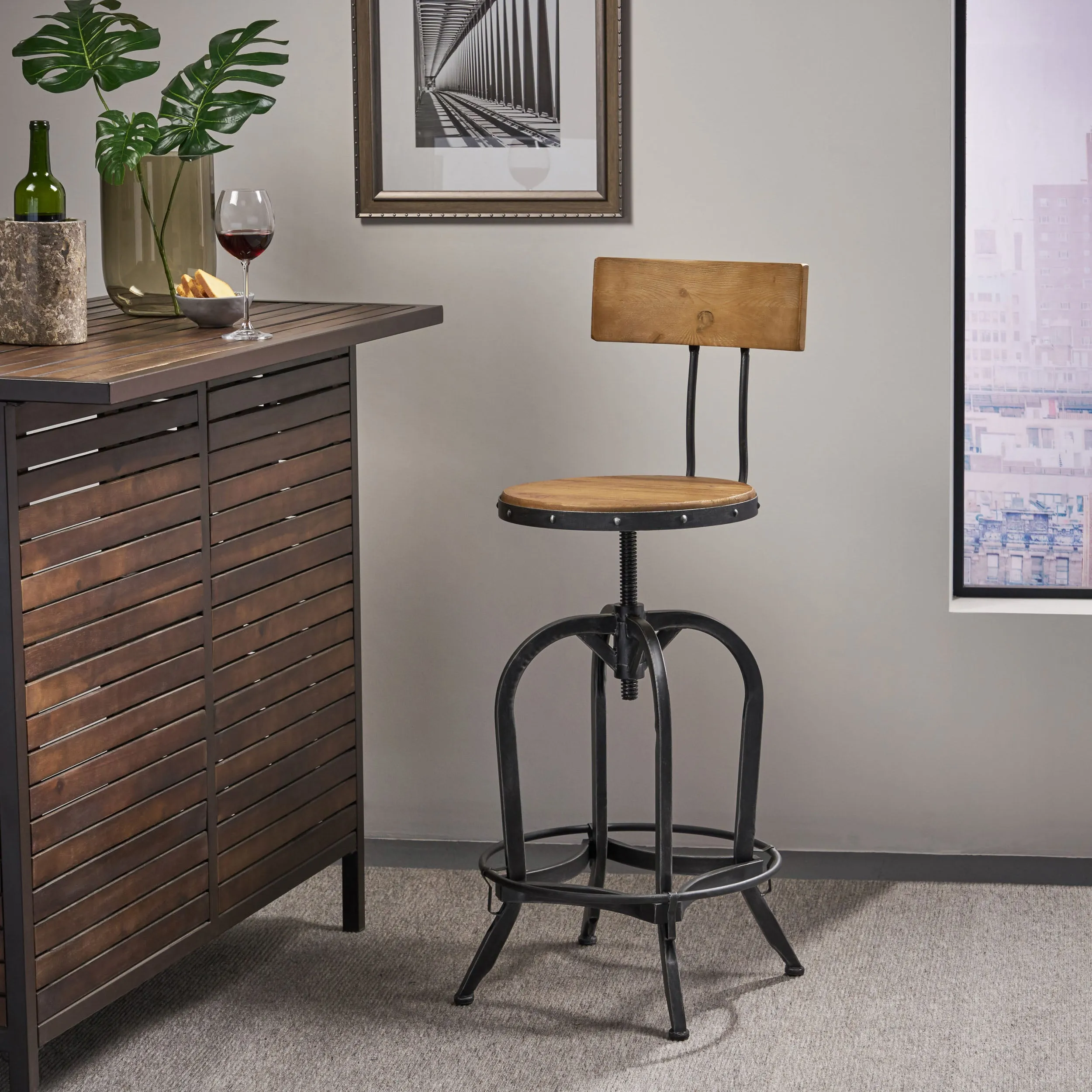 Naturally Antique Fir Wood Adjustable Barstool With Backrest - NH829692 bar stool, counter stool