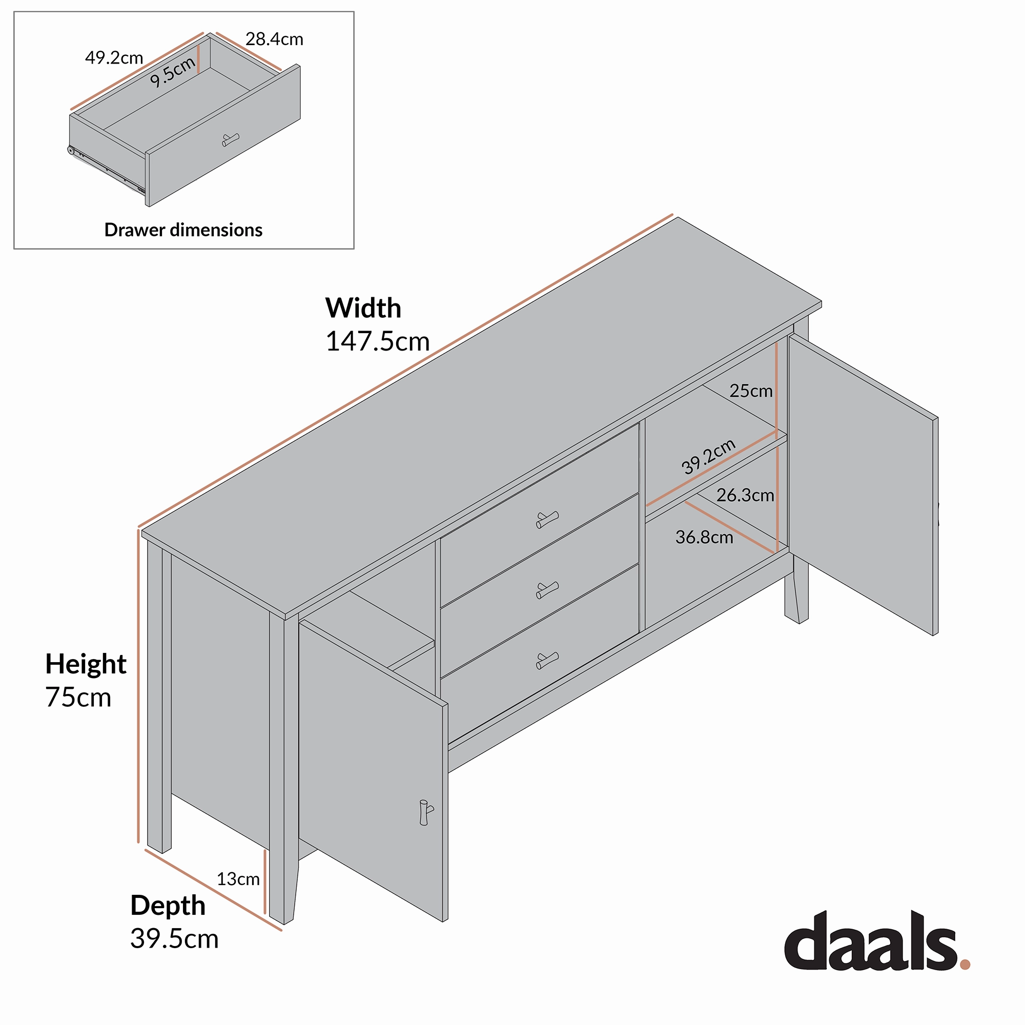 Oakham Wide Sideboard with Drawers, Deep Greige