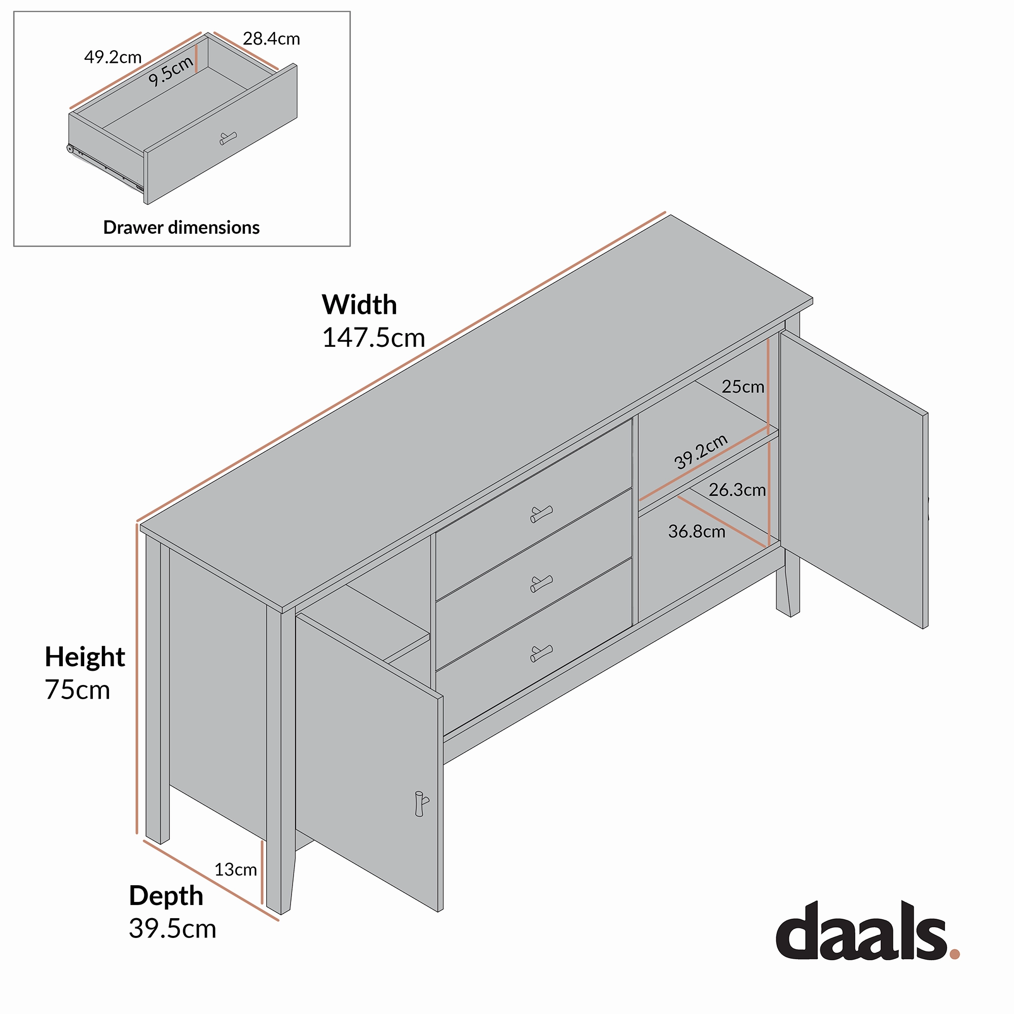 Oakham Wide Sideboard with Drawers, Shaded White