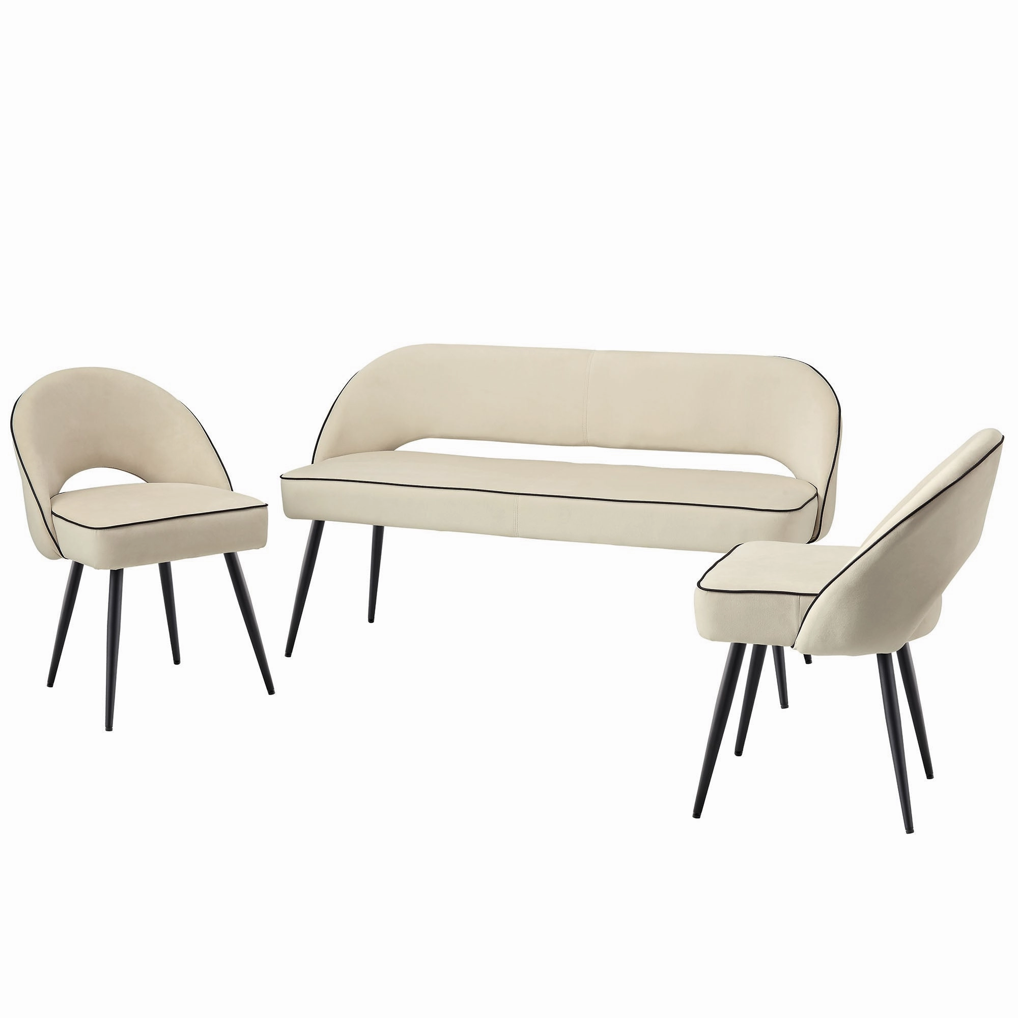 Oakley Champagne Velvet Upholstered 3 Seater Dining Bench with Contrast Piping