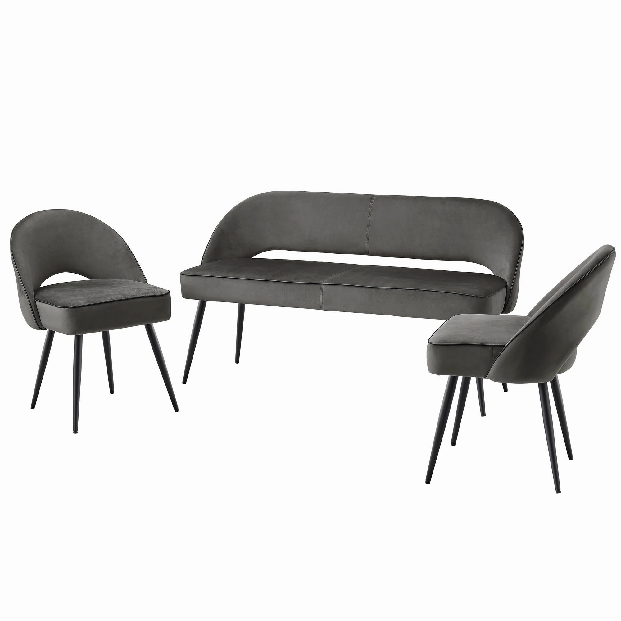 Oakley Dark Grey Velvet Upholstered 3 Seater Dining Bench with Contrast Piping