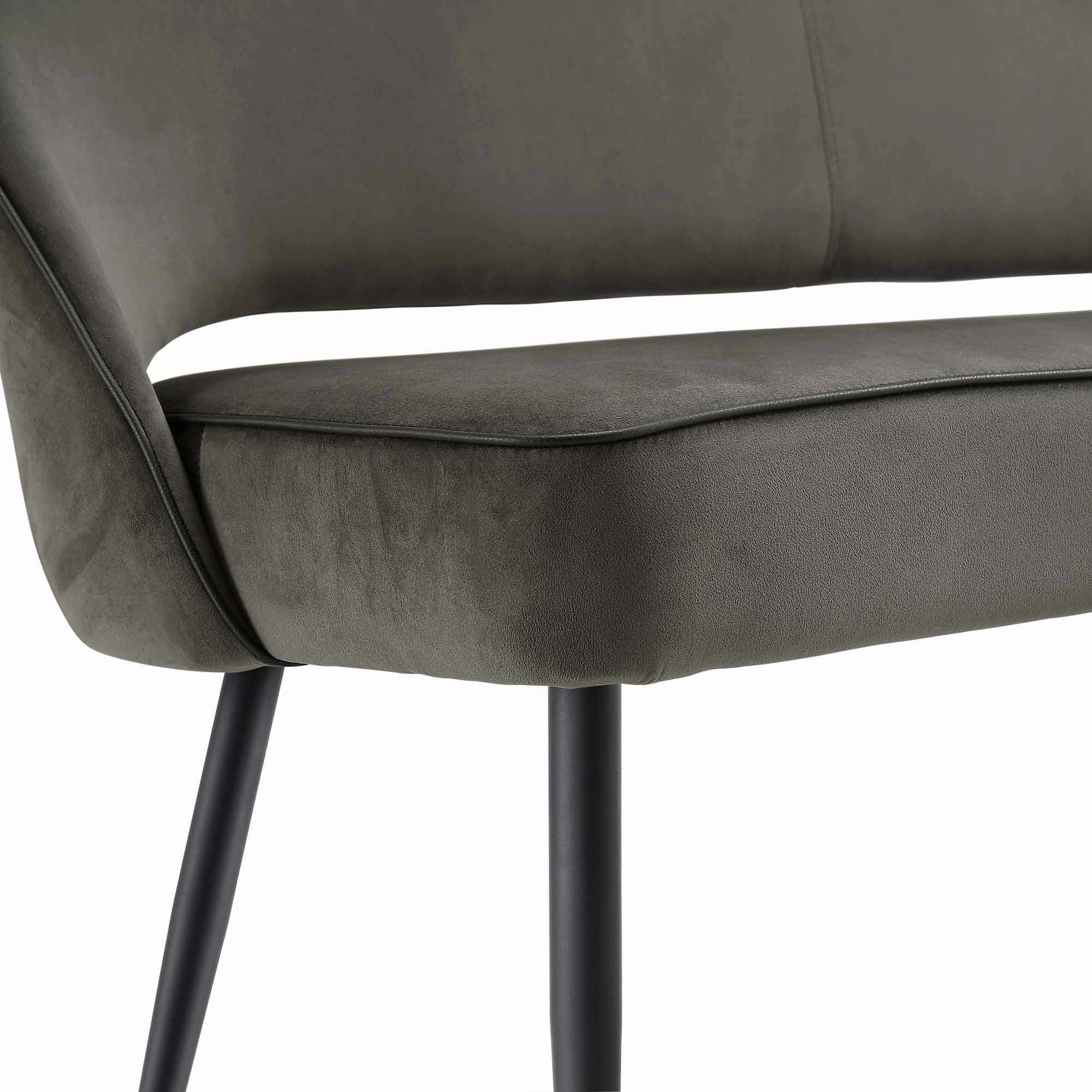 Oakley Dark Grey Velvet Upholstered 3 Seater Dining Bench with Contrast Piping