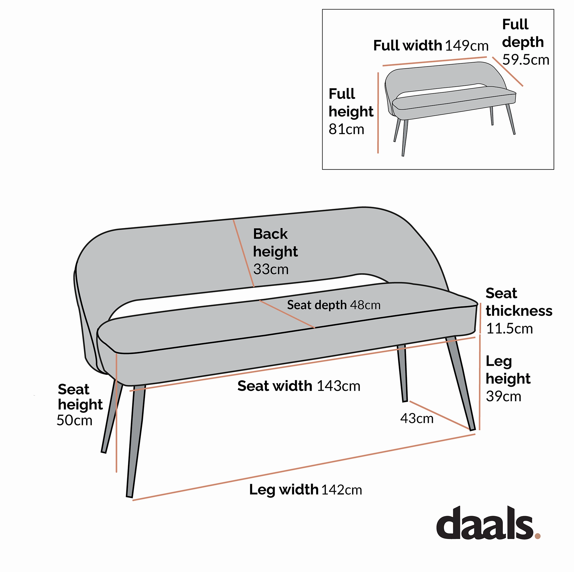 Oakley Dark Grey Velvet Upholstered 3 Seater Dining Bench with Contrast Piping