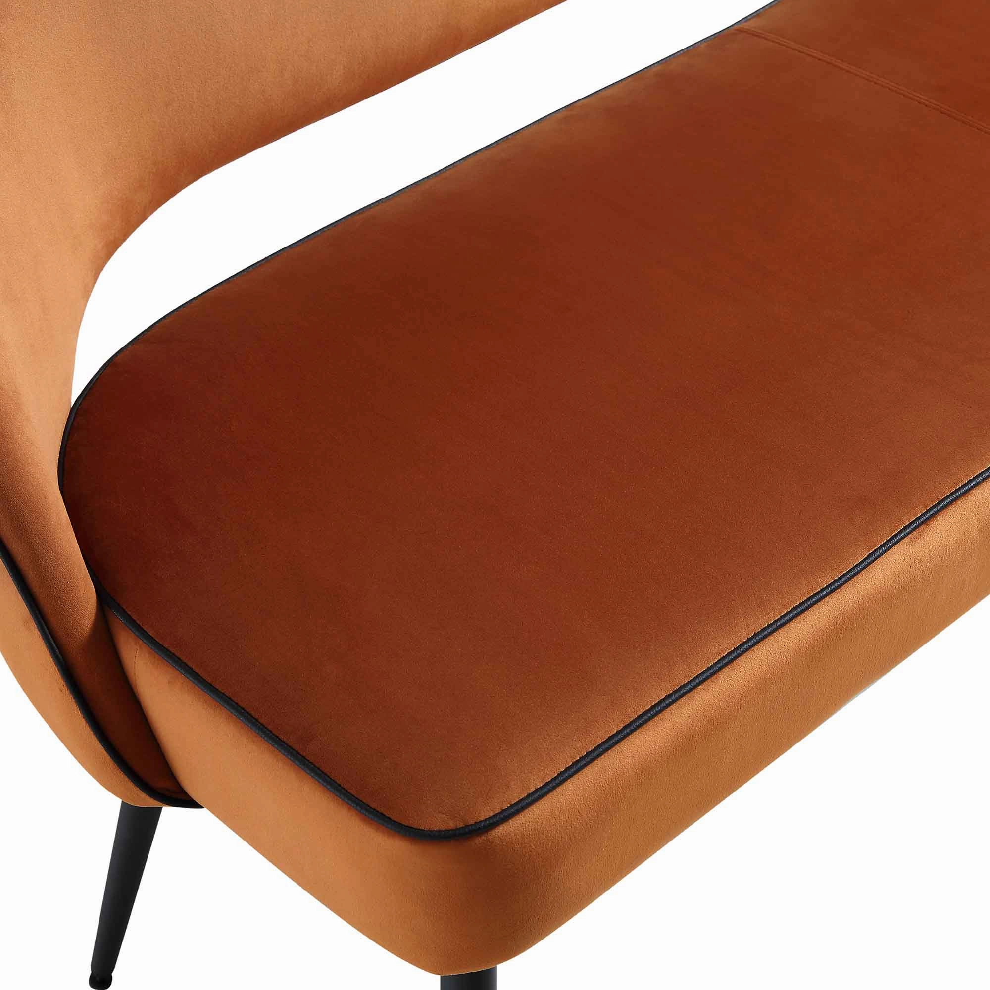 Oakley Orange Velvet Upholstered 3 Seater Dining Bench with Contrast Piping