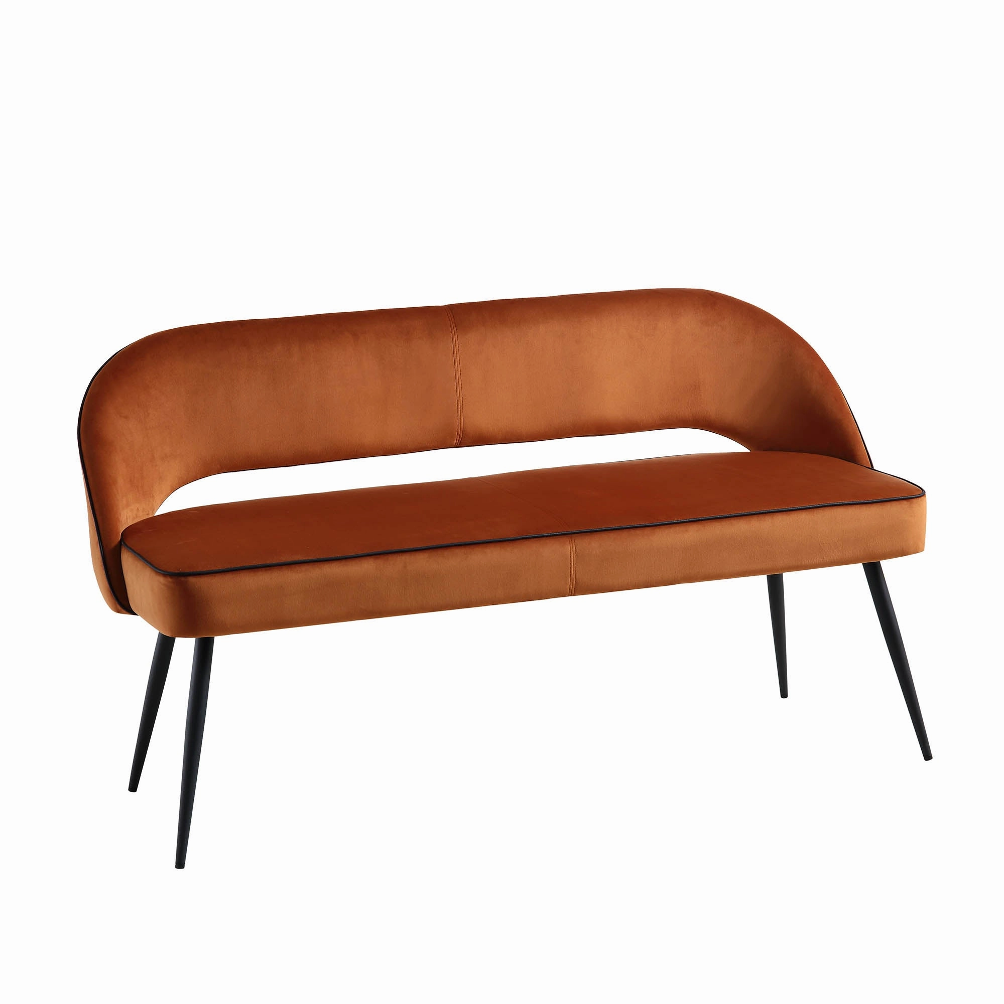 Oakley Orange Velvet Upholstered 3 Seater Dining Bench with Contrast Piping