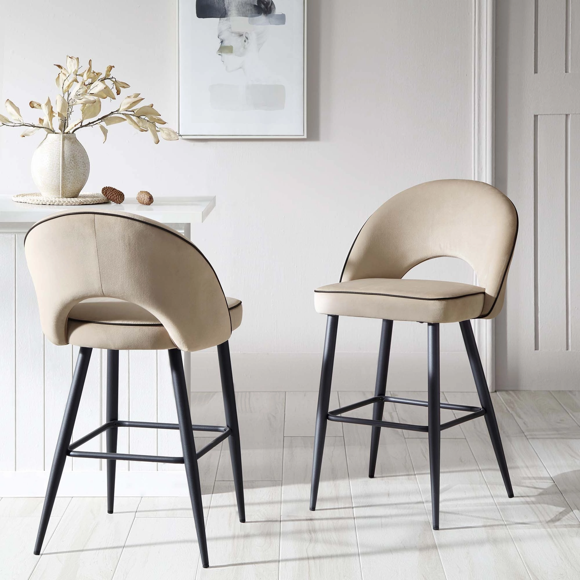 Oakley Set of 2 Champagne Velvet Upholstered Counter Stools with Contrast Piping