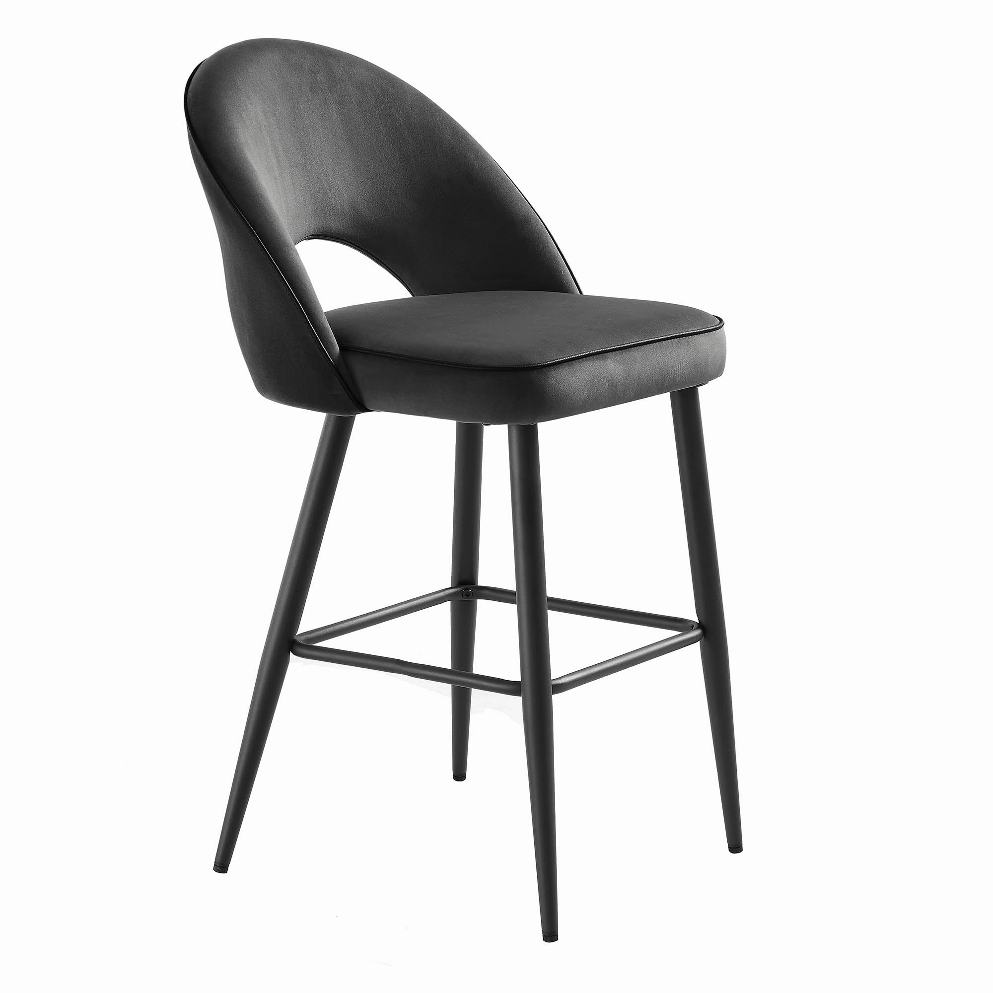 Oakley Set of 2 Dark Grey Velvet Upholstered Counter Stools with Contrast Piping