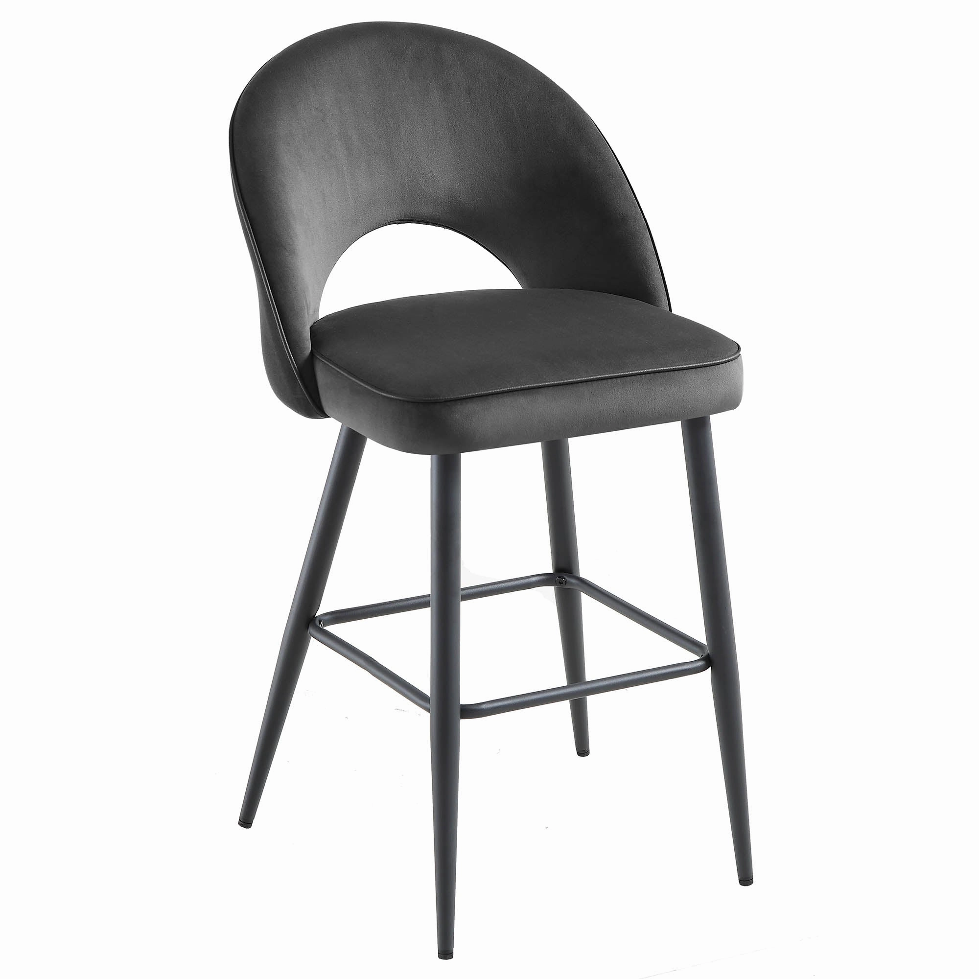 Oakley Set of 2 Dark Grey Velvet Upholstered Counter Stools with Contrast Piping