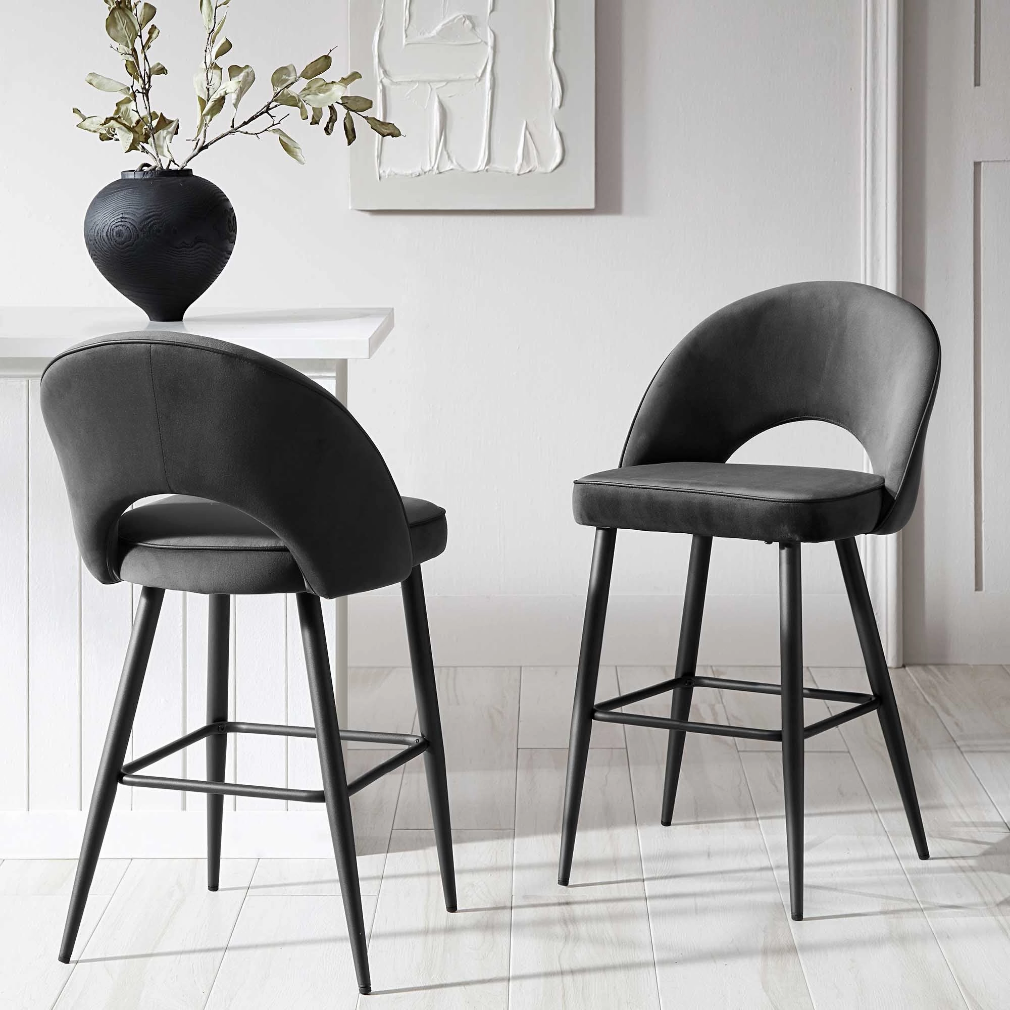 Oakley Set of 2 Dark Grey Velvet Upholstered Counter Stools with Contrast Piping