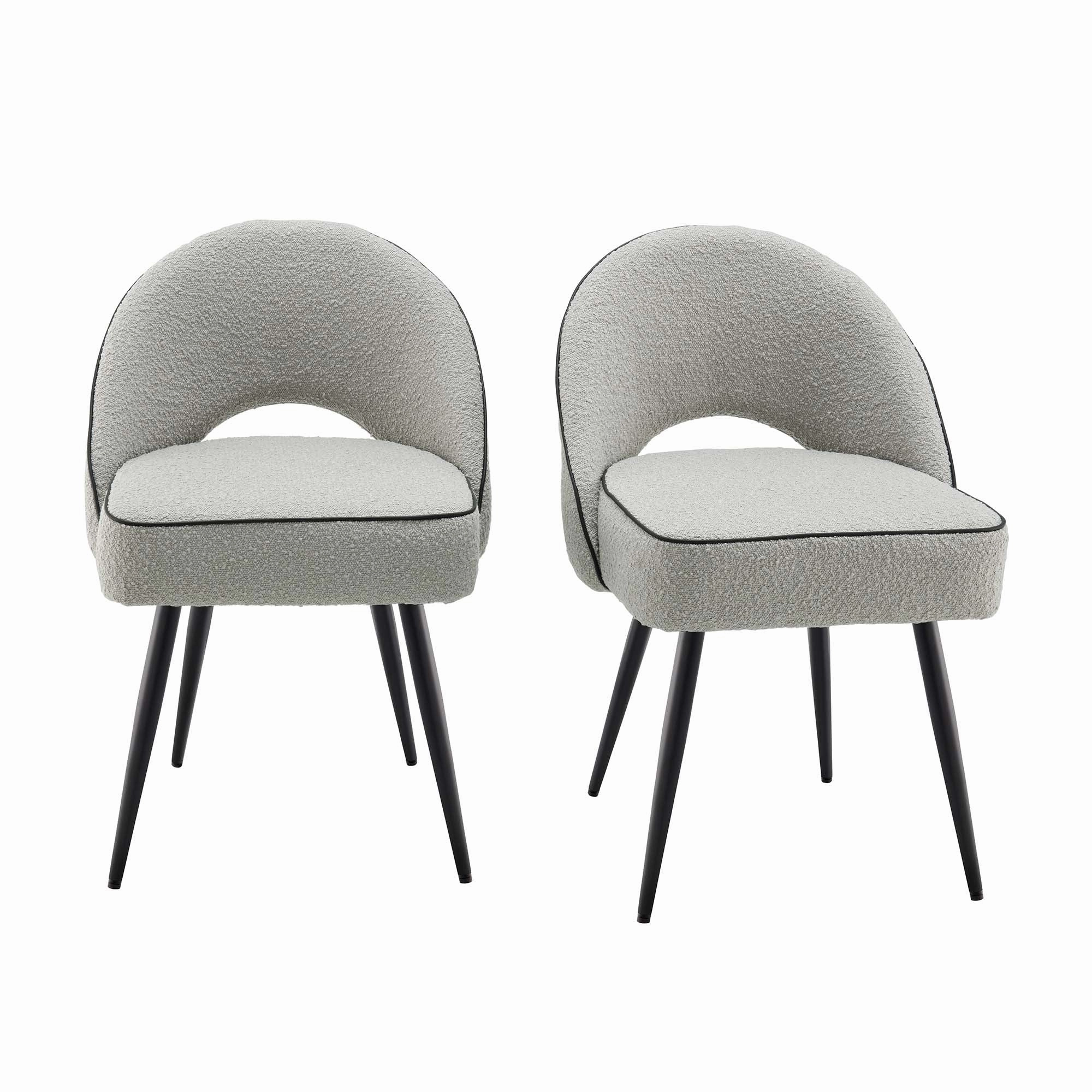 Oakley Set of 2 Grey Boucle Upholstered Dining Chairs with Piping
