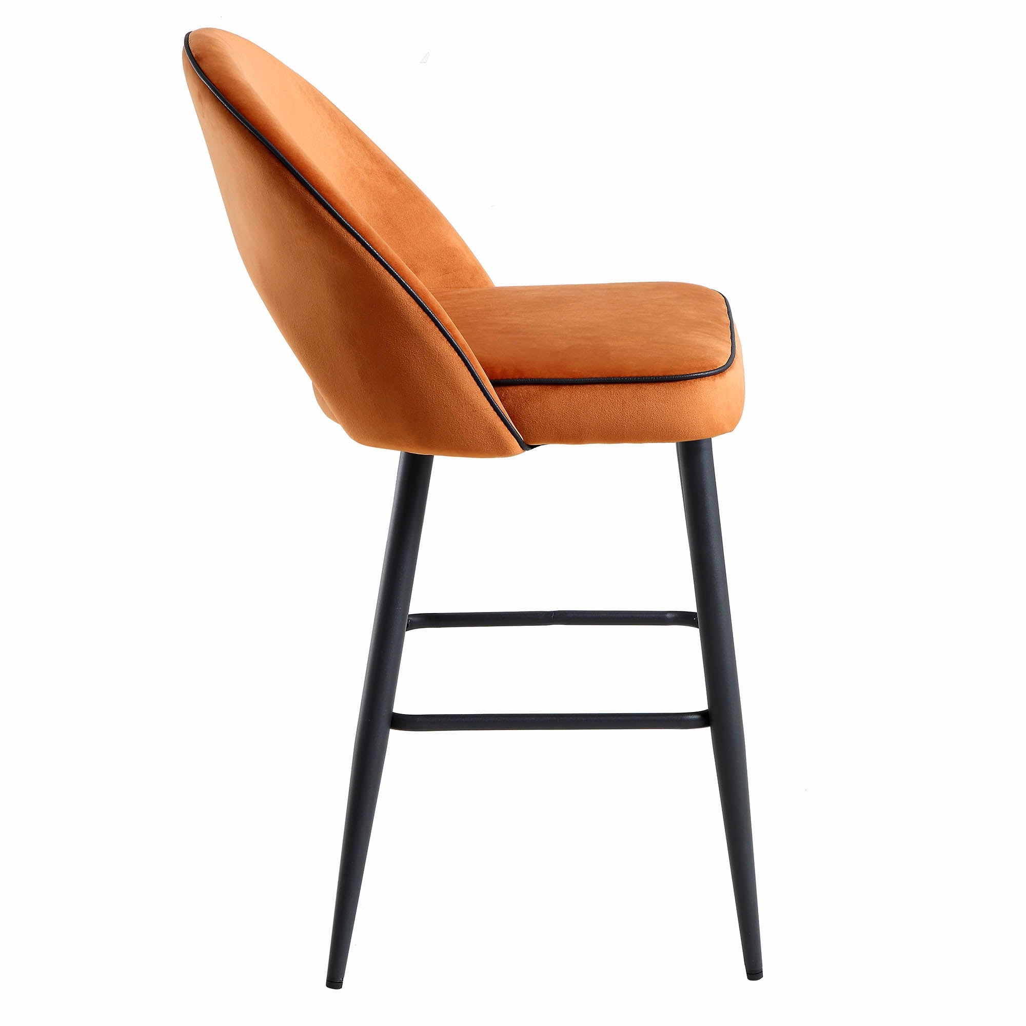 Oakley Set of 2 Orange Velvet Upholstered Counter Stools with Contrast Piping