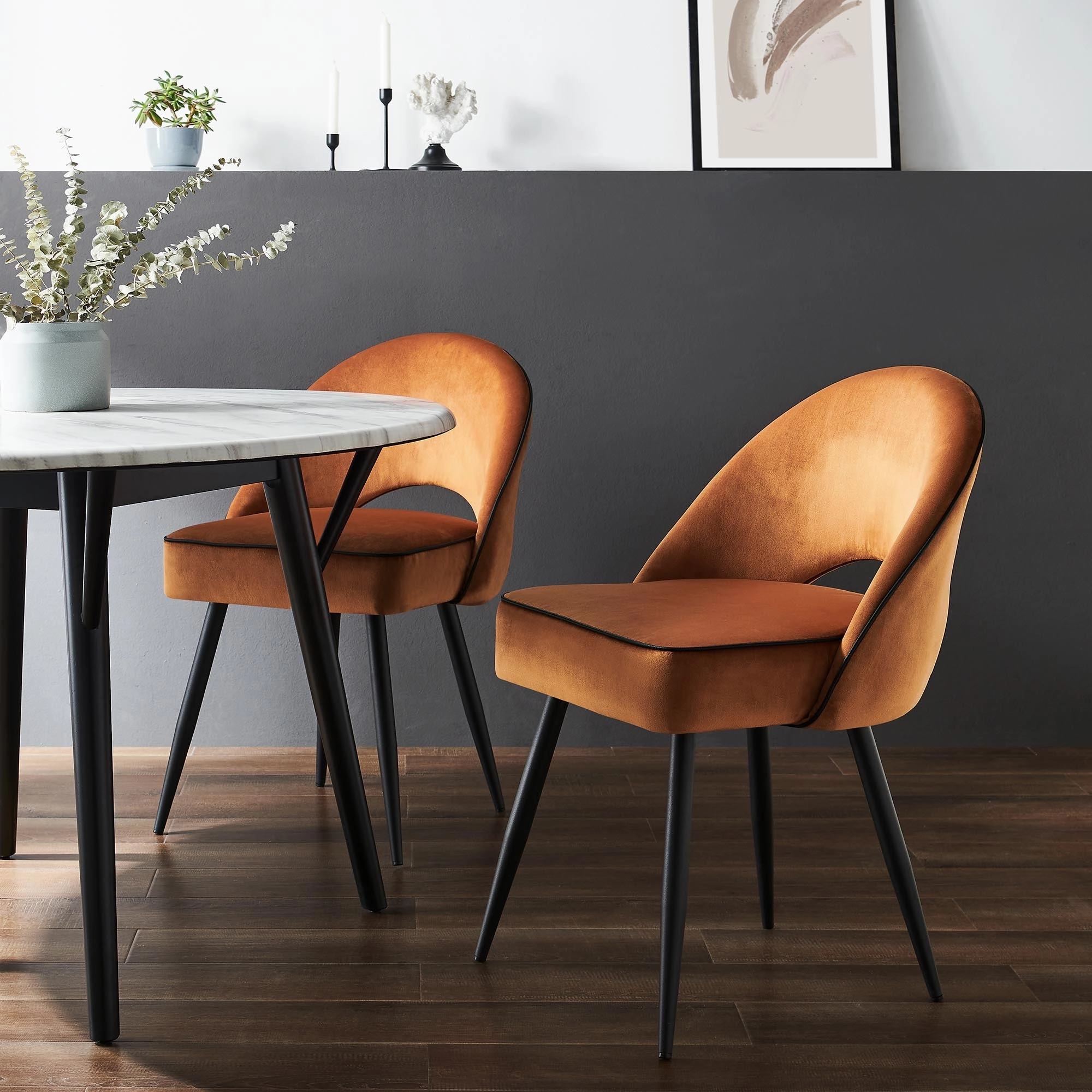 Oakley Set of 2 Orange Velvet Upholstered Dining Chairs with Contrast Piping