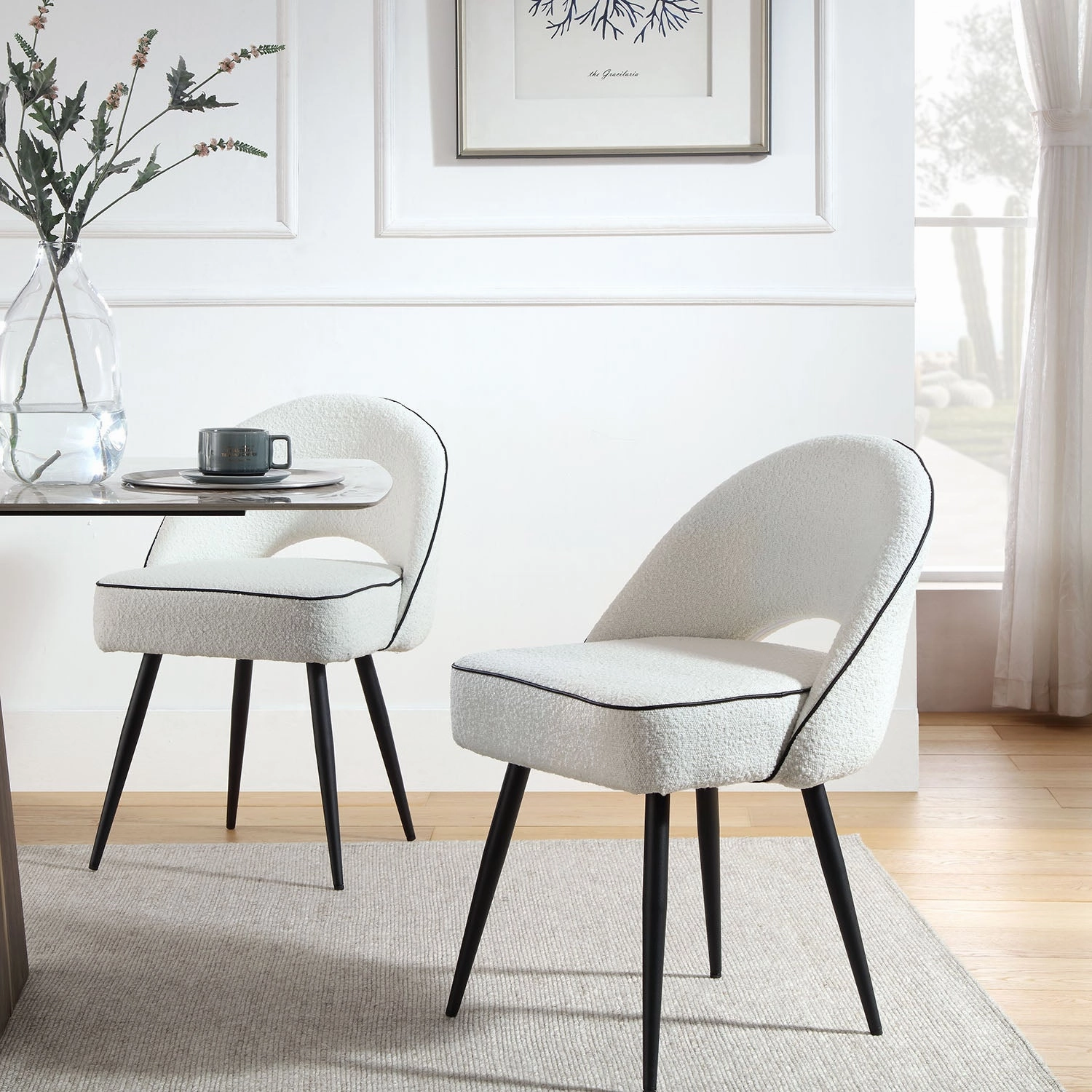 Oakley Set of 2 White Boucle Upholstered Dining Chairs with Piping