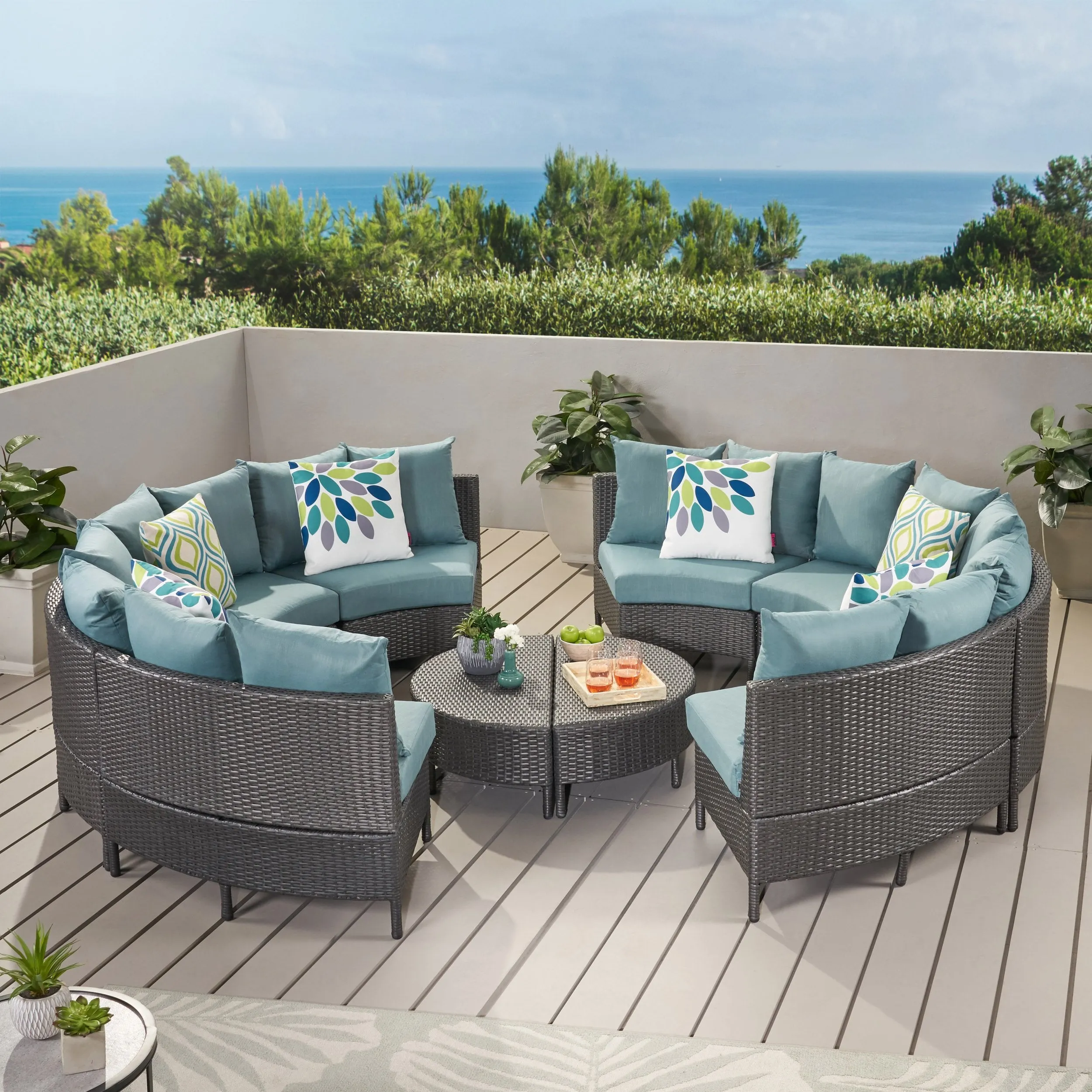 Outdoor 10 Piece Gray Wicker Sectional Sofa Set with Teal Cushions - NH406203 serving bowl, serving dish