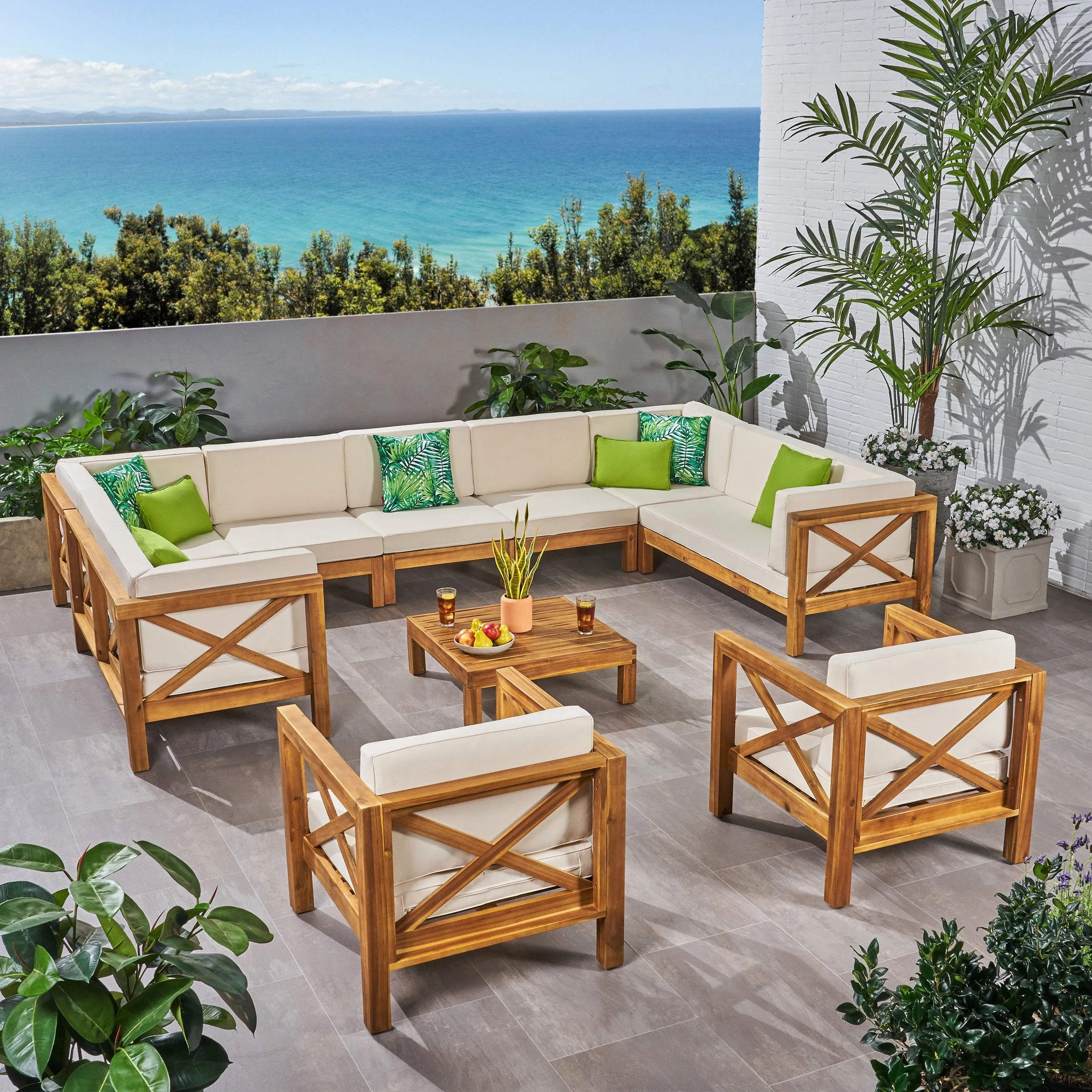 Outdoor 11 Seater Acacia Wood Sectional Sofa and Club Chair Set - NH044803