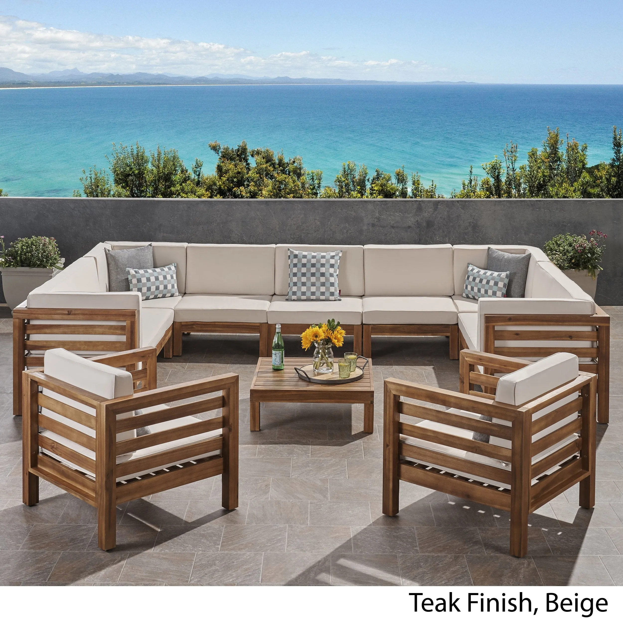 Outdoor 11 Seater Acacia Wood Sectional Sofa and Club Chair Set - NH984803