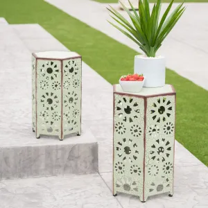 Outdoor 12 Inch and 14 Inch Crackle Green Sunburst Iron Side Table Set - NH069103 coffee table, accent table
