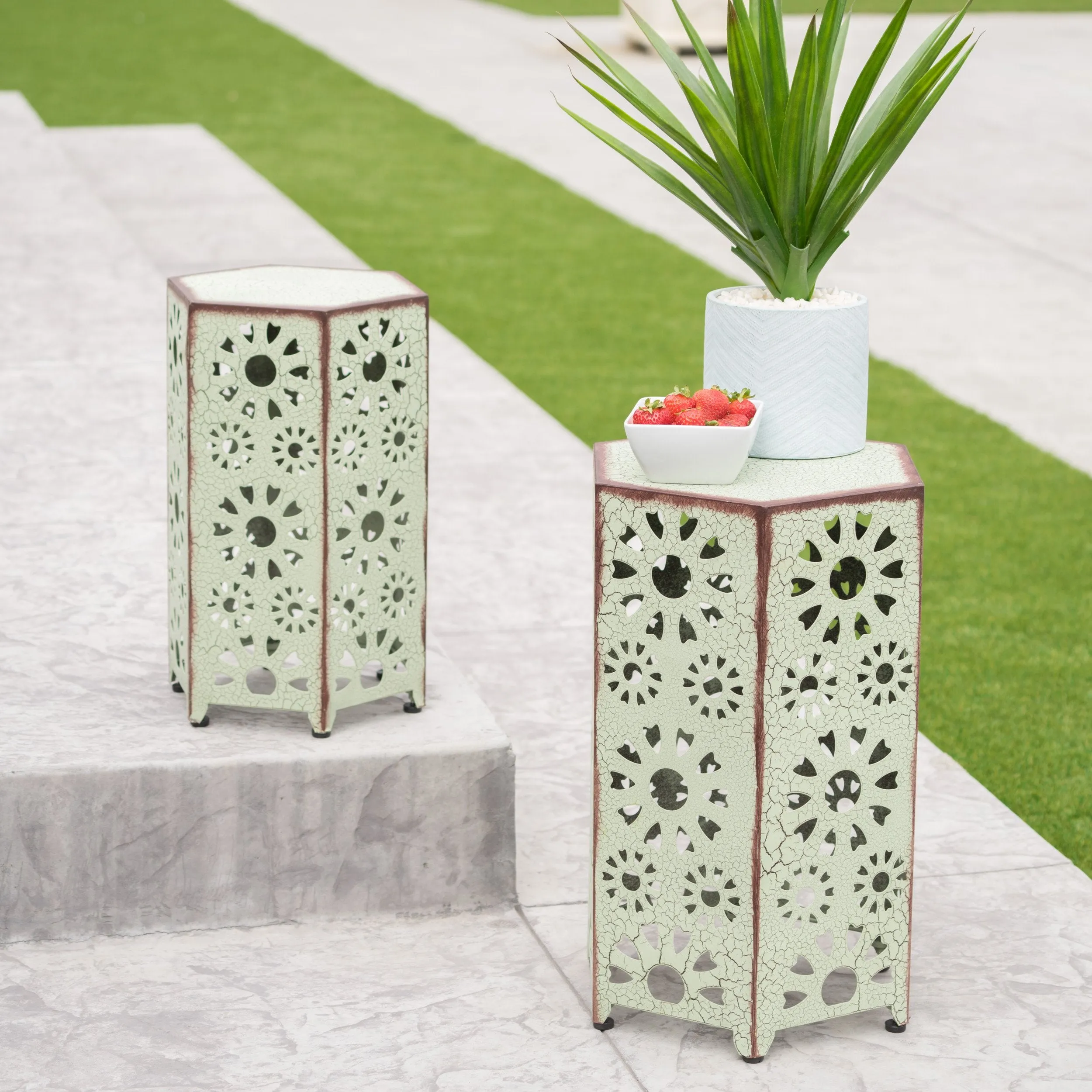Outdoor 12 Inch and 14 Inch Crackle Green Sunburst Iron Side Table Set - NH069103 coffee table, accent table