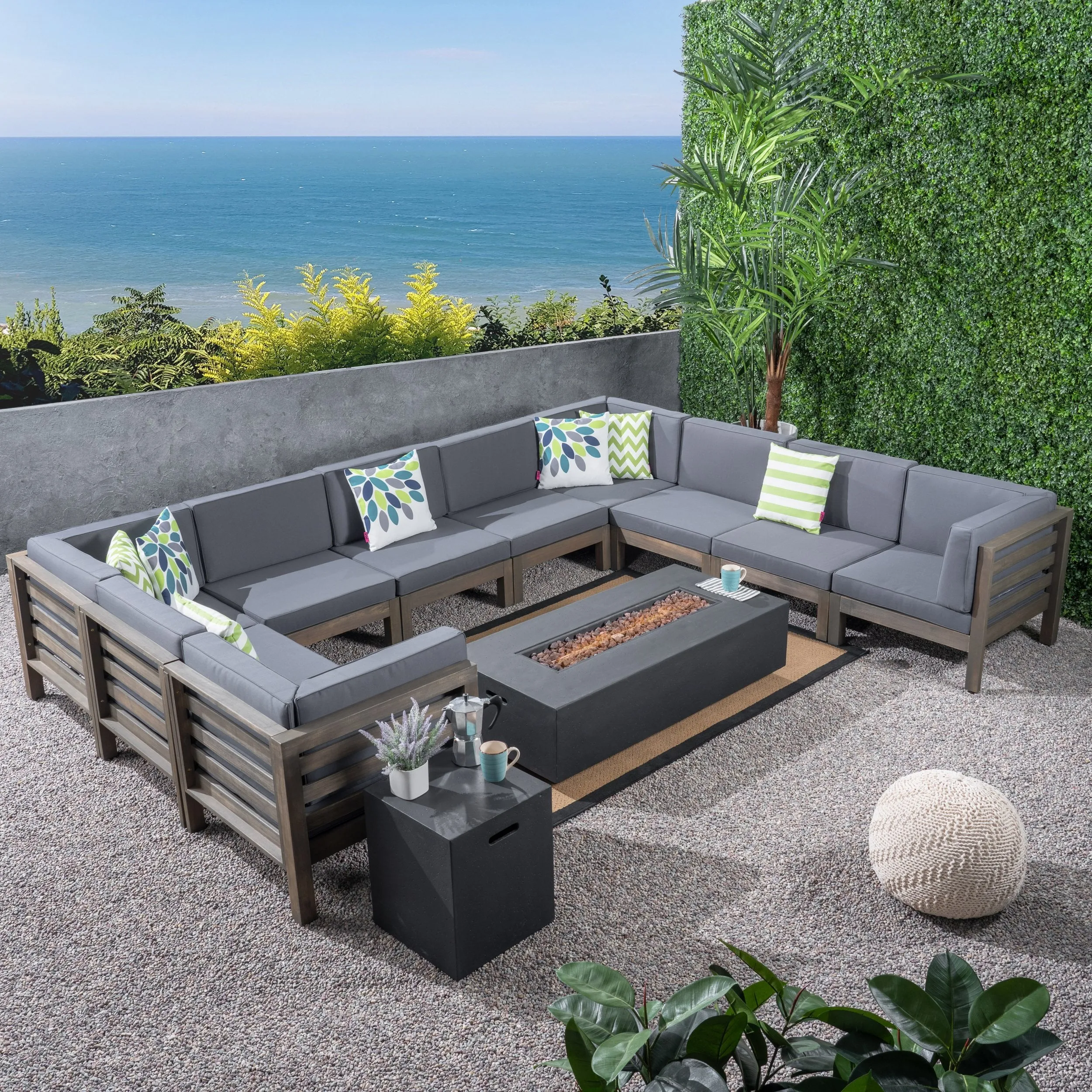 Outdoor 12 Piece U-Shaped Sectional Sofa Set with Fire Pit - NH811703