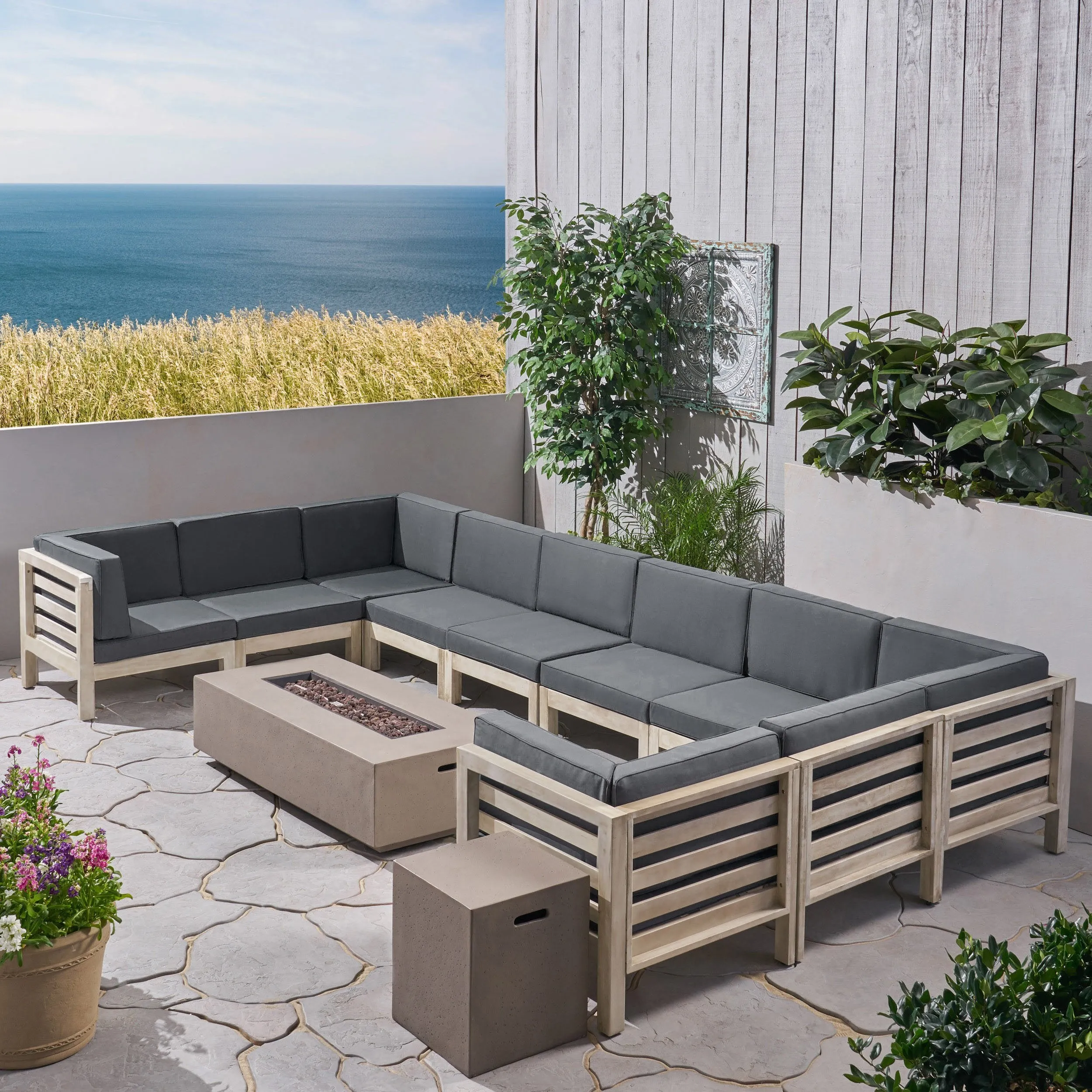 Outdoor 12 Piece U-Shaped Sectional Sofa Set with Fire Pit - NH811703