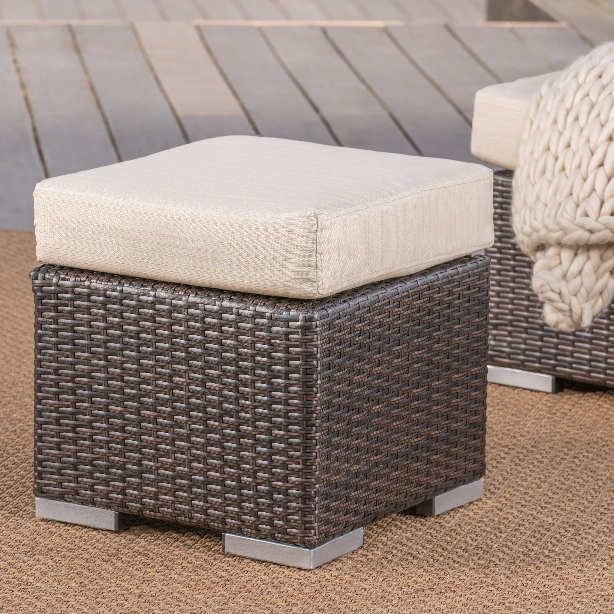 Outdoor 16 Inch Wicker Ottoman Seat with Water Resistant Cushion - NH124303 patio chairs, outdoor seating