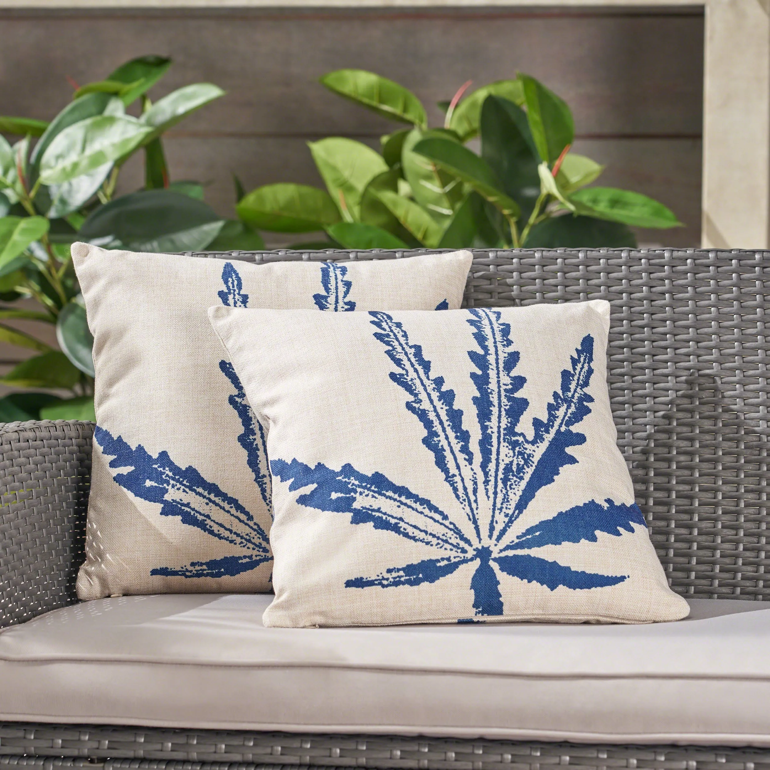 Outdoor 18-inch Water Resistant Square Pillows, Blue on Beige - NH205503 patio chairs, outdoor seating