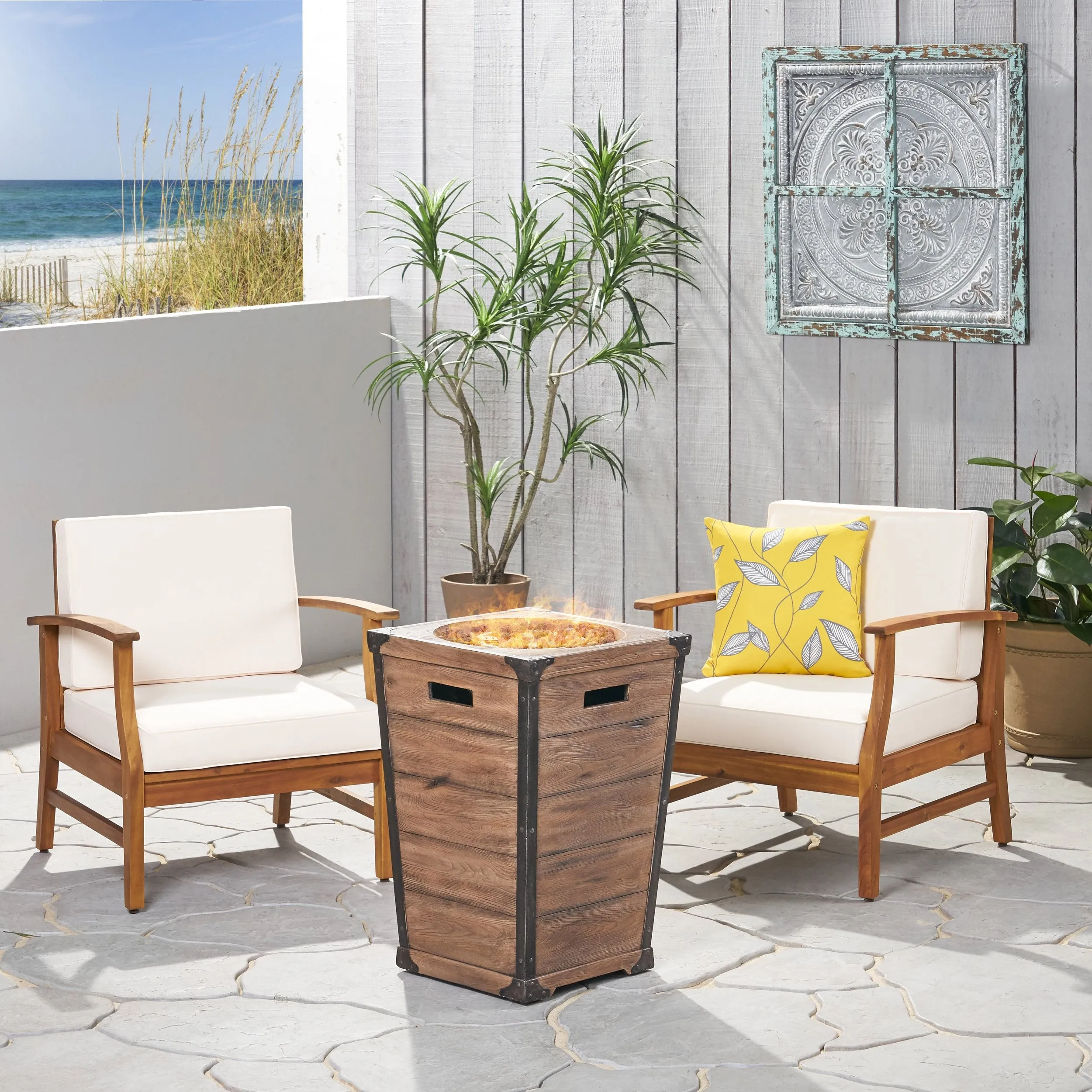 Outdoor 2 Piece Acacia Wood Club Chair Set with Cushions and Fire Column - NH728703 clothes rack, garment rack