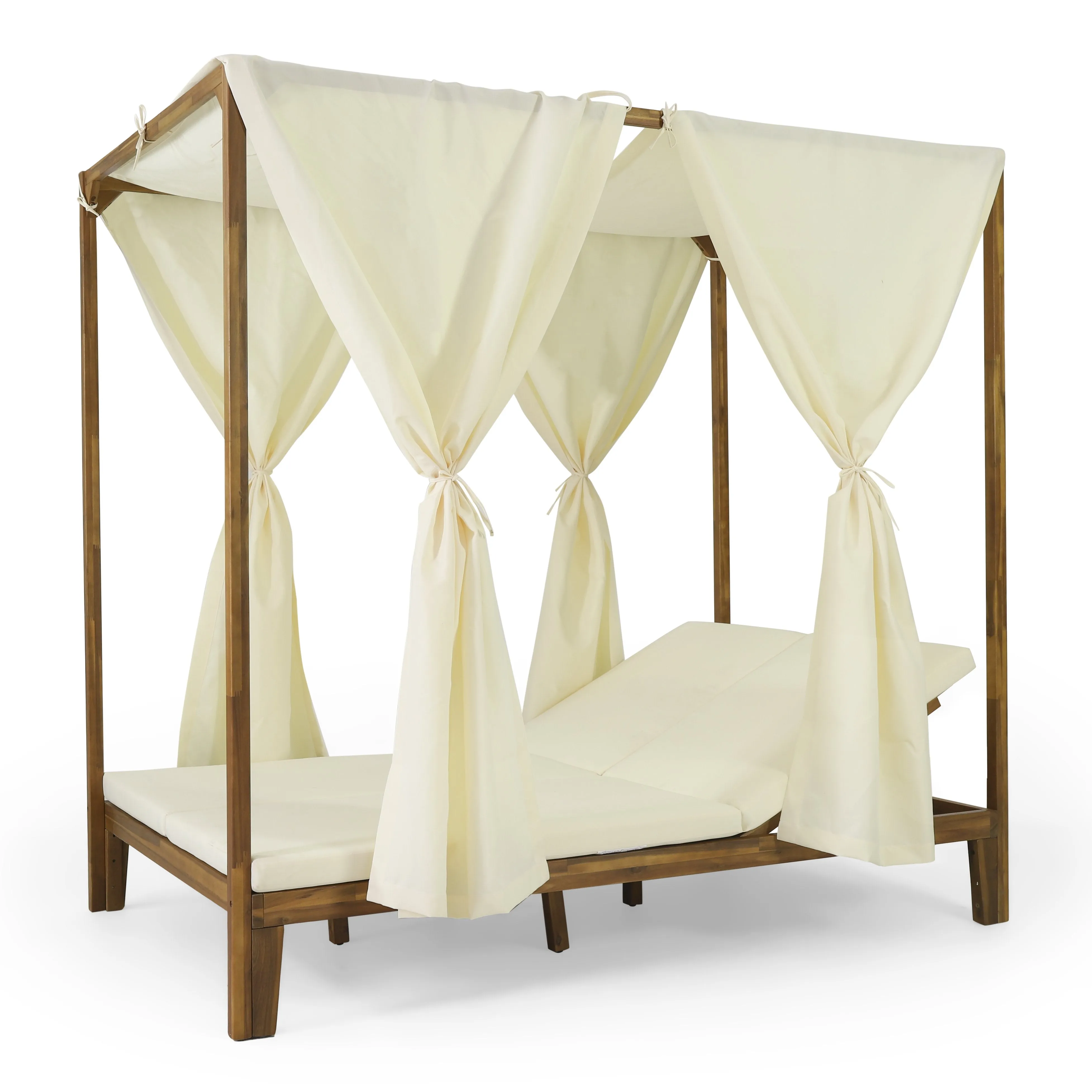 Outdoor 2 Seater Adjustable Acacia Wood Daybed with Curtains - NH265413 patio chairs, outdoor seating