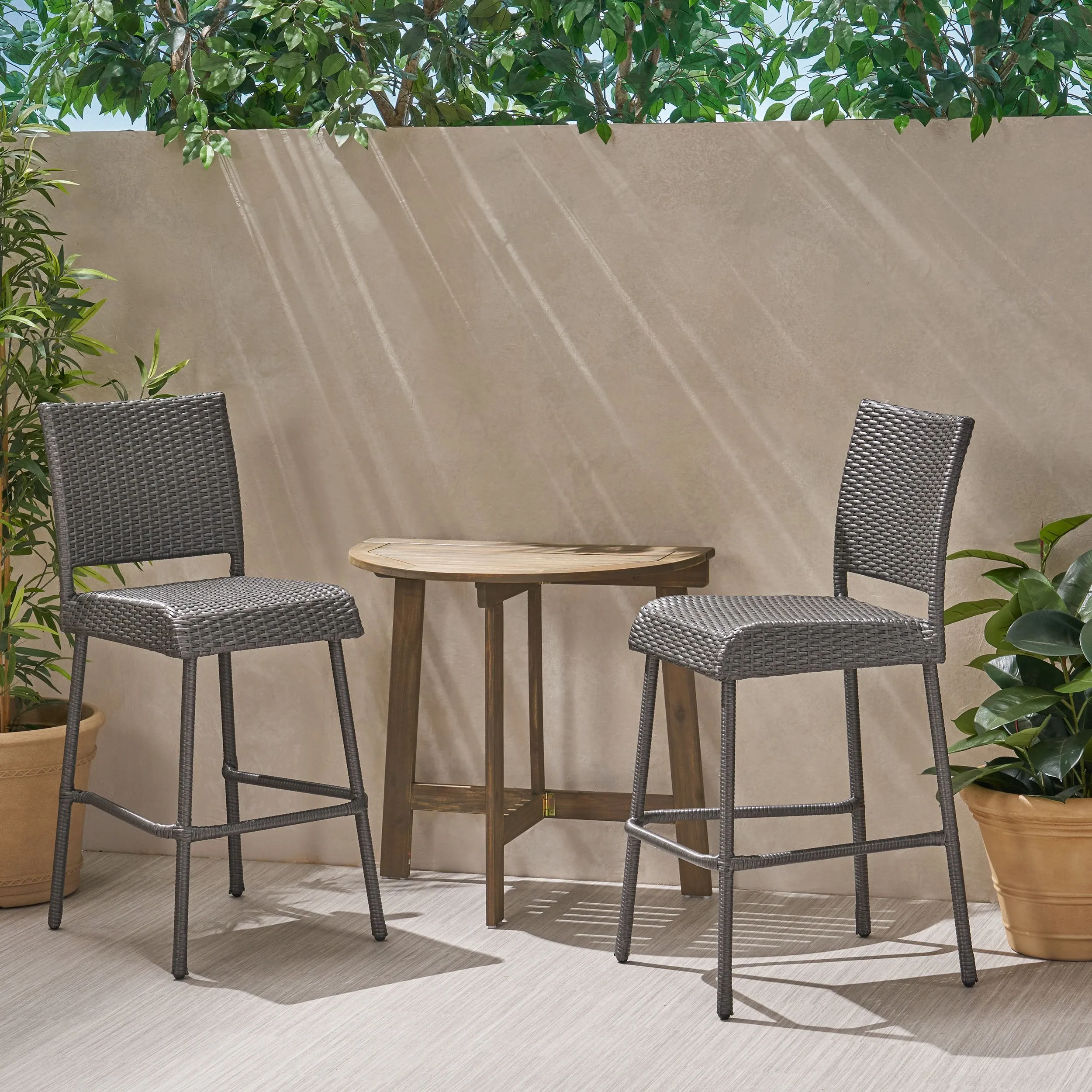 Outdoor 2 Seater Half-Round Wood and Wicker Bistro Set with Folding Table - NH228903 patio chairs, outdoor seating