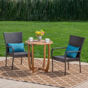 Outdoor 3 Piece Acacia Wood/ Wicker Bistro Set, Teak Finish and Multibrown - NH892403 patio chairs, outdoor seating