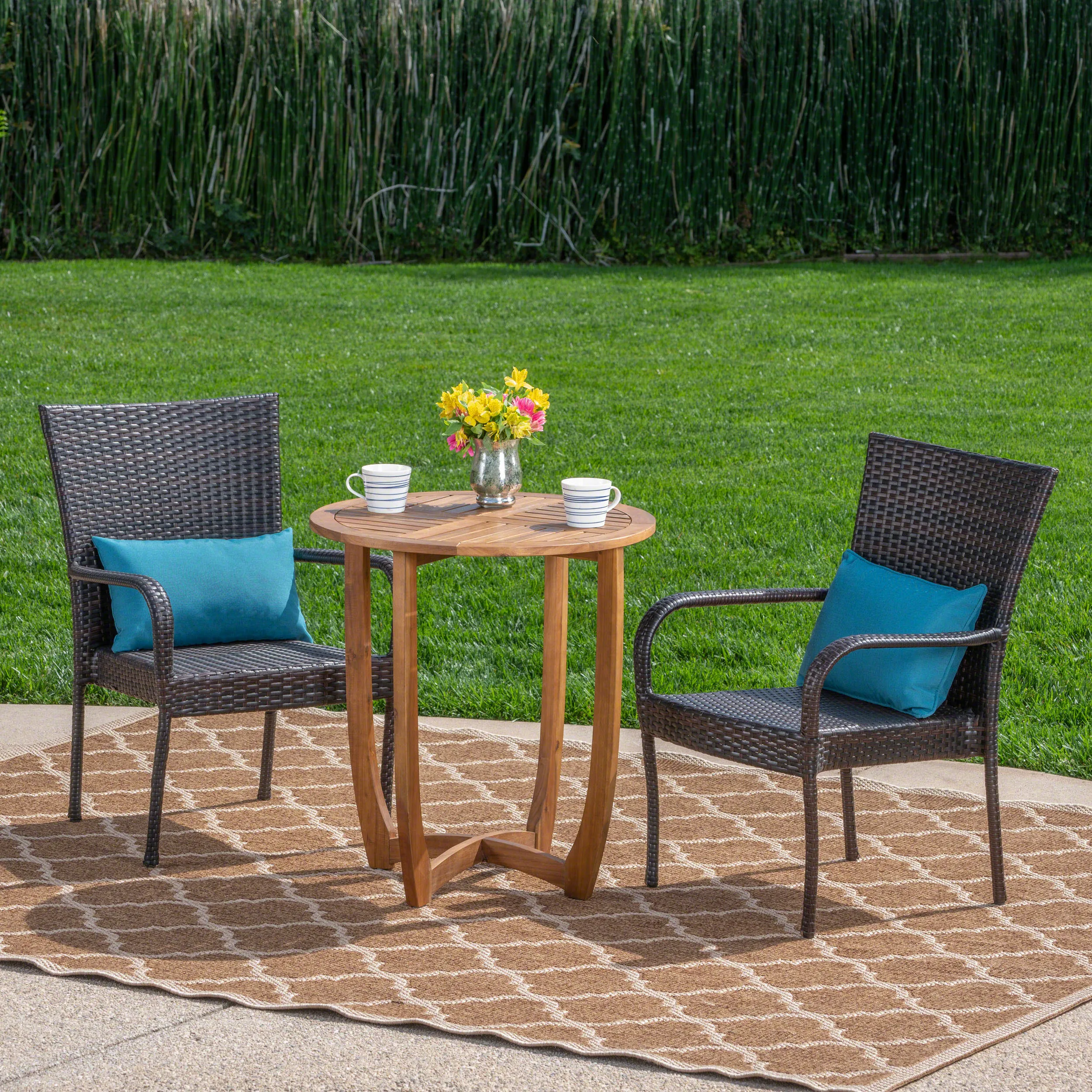 Outdoor 3 Piece Acacia Wood/ Wicker Bistro Set, Teak Finish and Multibrown - NH892403 patio chairs, outdoor seating