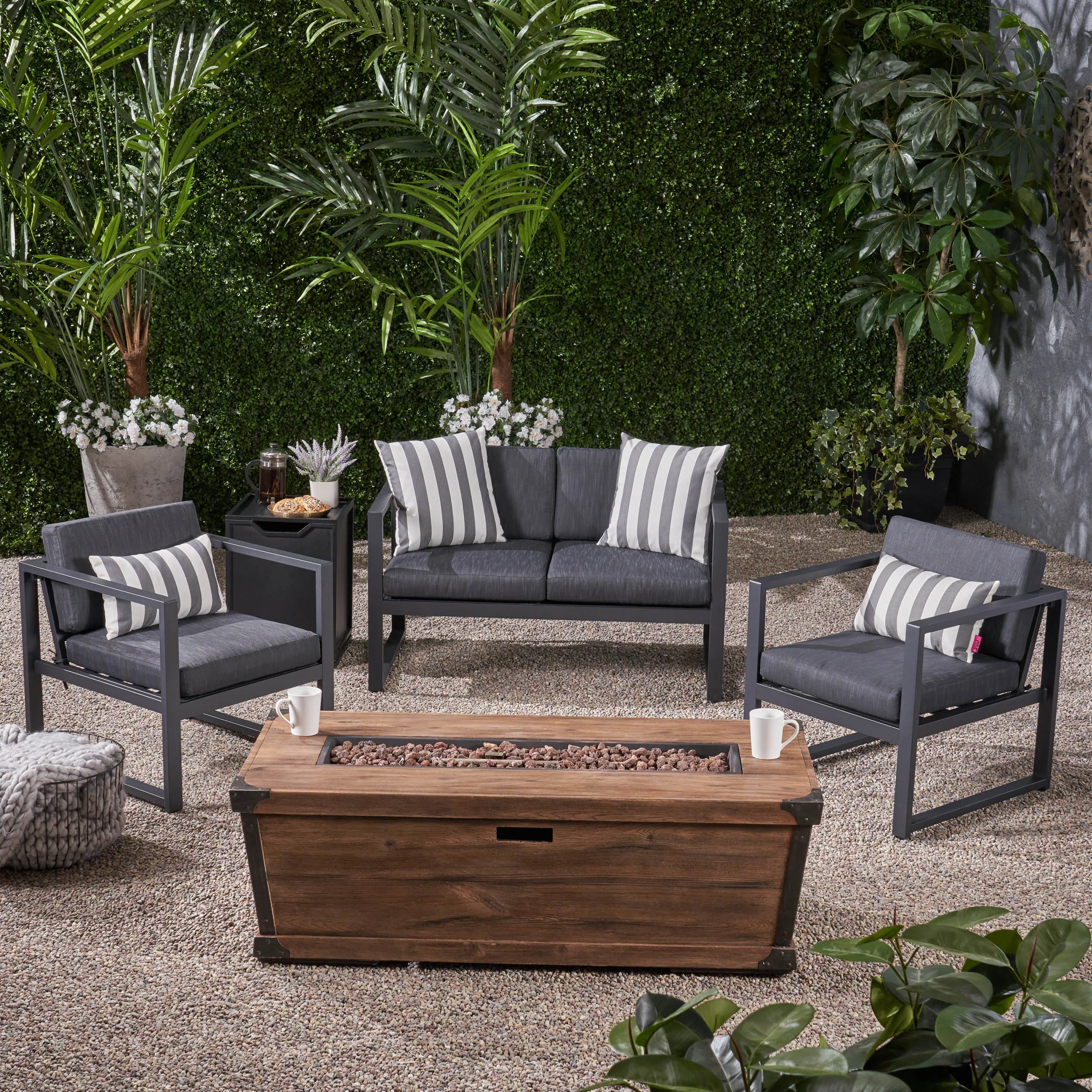 Outdoor 3 Piece Aluminum Chat Set with Cushions and Fire Pit - NH118703 clothes rack, garment rack