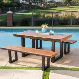 Outdoor 3 Piece Faux Live Edge Teak Finish Lightweight Concrete Picnic Set - NH408303 patio chairs, outdoor seating
