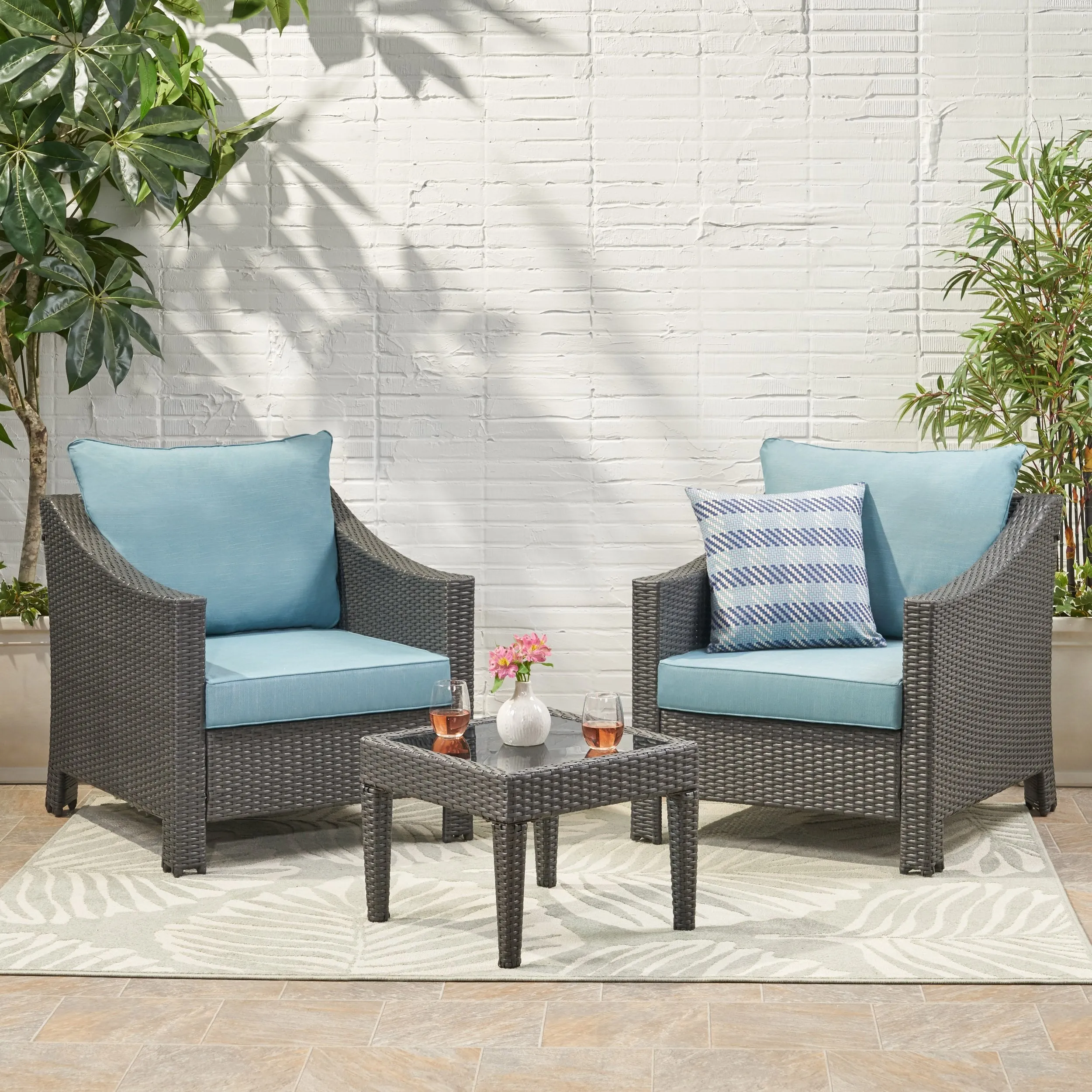 Outdoor 3 Piece Gray Wicker Chat Set with Teal Water Resistant Cushions - NH643303 patio chairs, outdoor seating