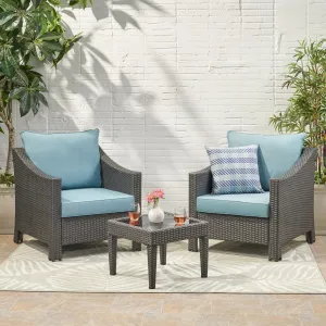 Outdoor 3 Piece Gray Wicker Chat Set with Teal Water Resistant Cushions - NH643303 patio chairs, outdoor seating