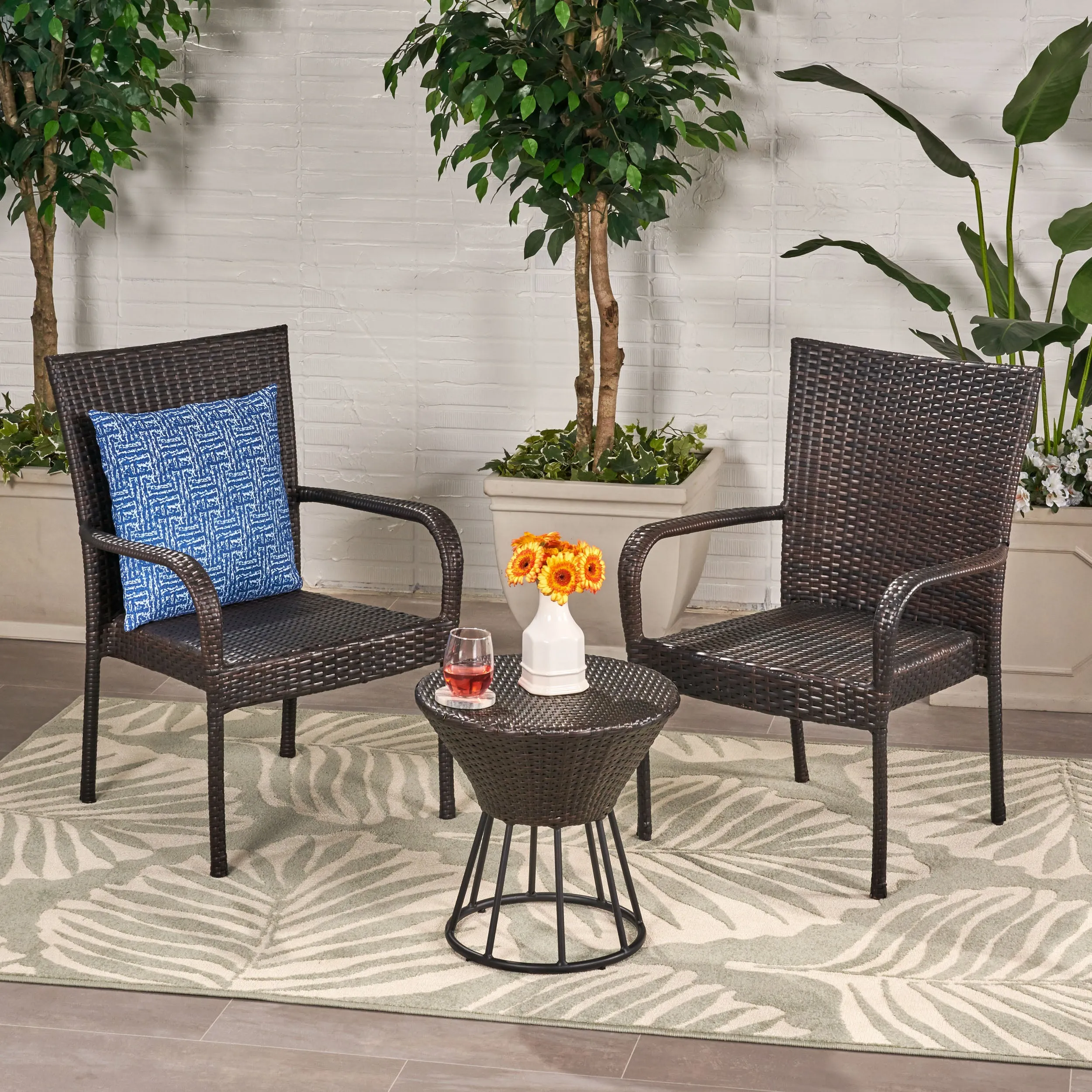 Outdoor 3 Piece Multi-brown Wicker Stacking Chair Chat Set - NH349003