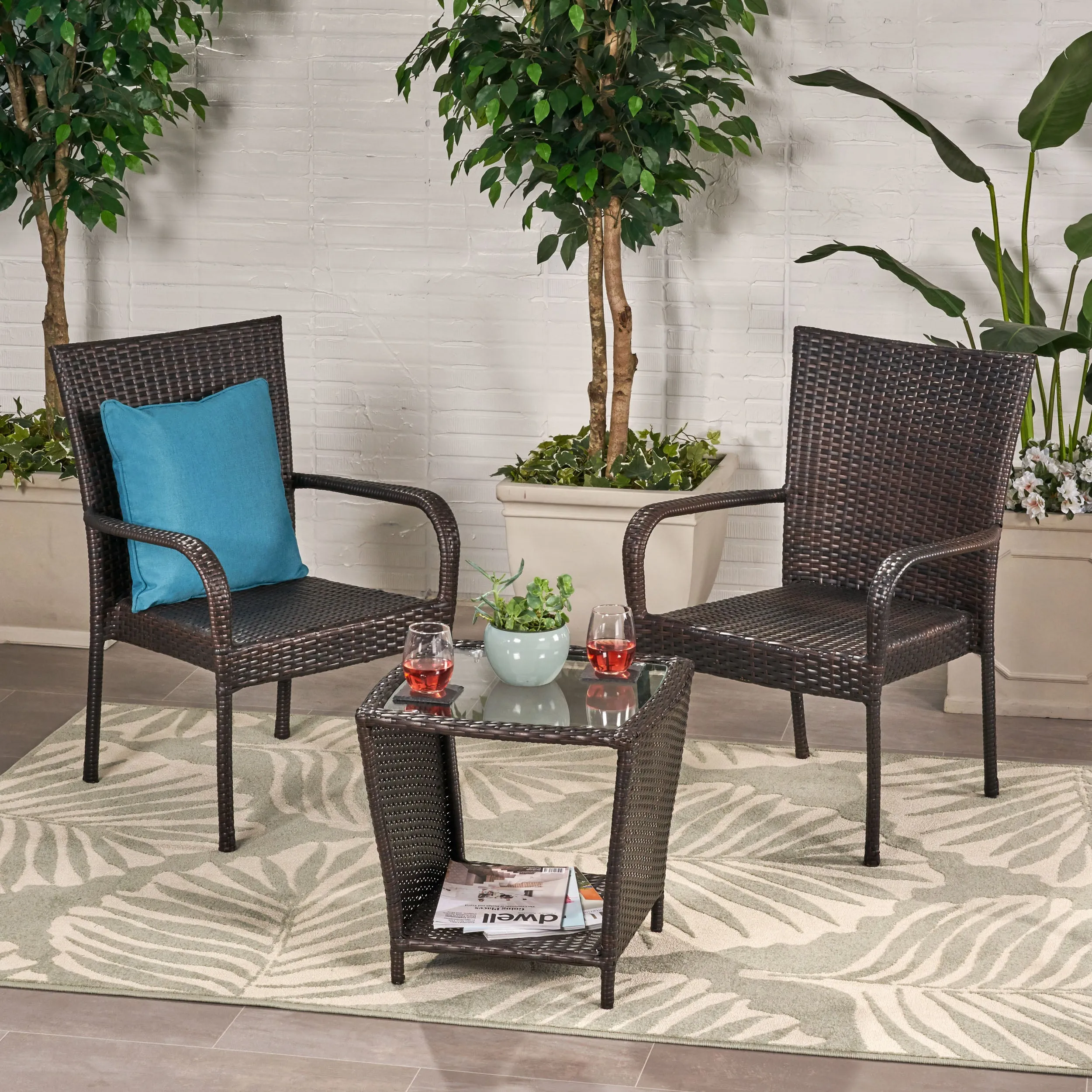 Outdoor 3 Piece Multi-brown Wicker Stacking Chair Chat Set - NH349003
